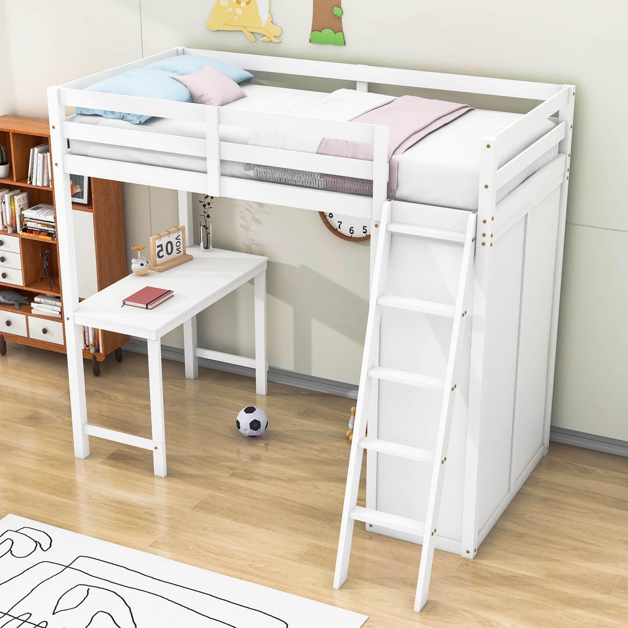 Wood Twin Loft Bed with Desk and Storage for Adults, Kids - [Wardrobe]