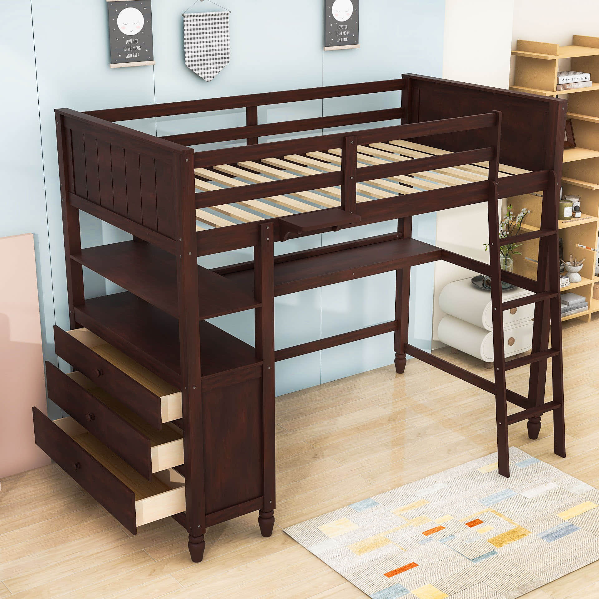 Twin Size Convertible Loft Bed with Desk and Storage - [Dresser, Shelves]