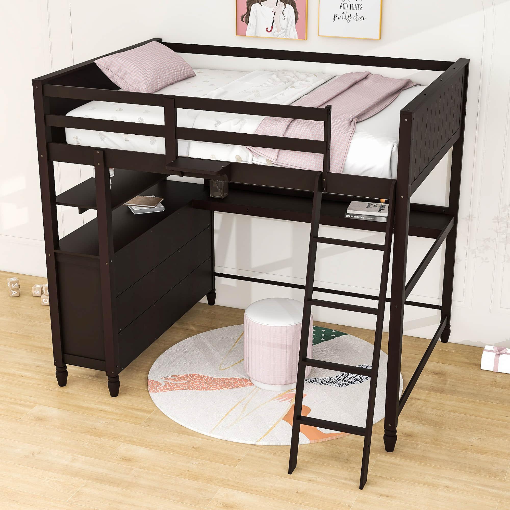 Full Size Loft Bed with Desk and Storage Dresser for Adult, Kids - [Wood, Drawers, Shelves]