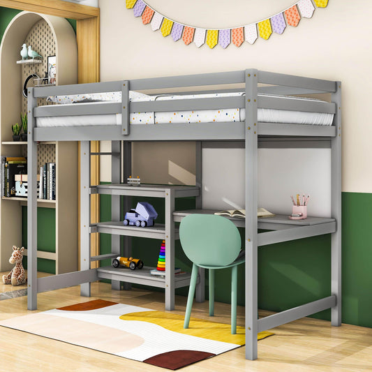 Wooden Twin Loft Bed with Desk and Storage Shelves for Adult, Kids, Junior