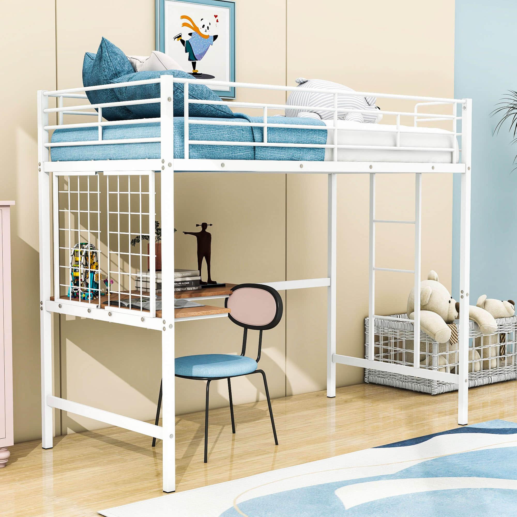 Twin Metal Loft Bed Frame with L-Shaped Desk and Grid