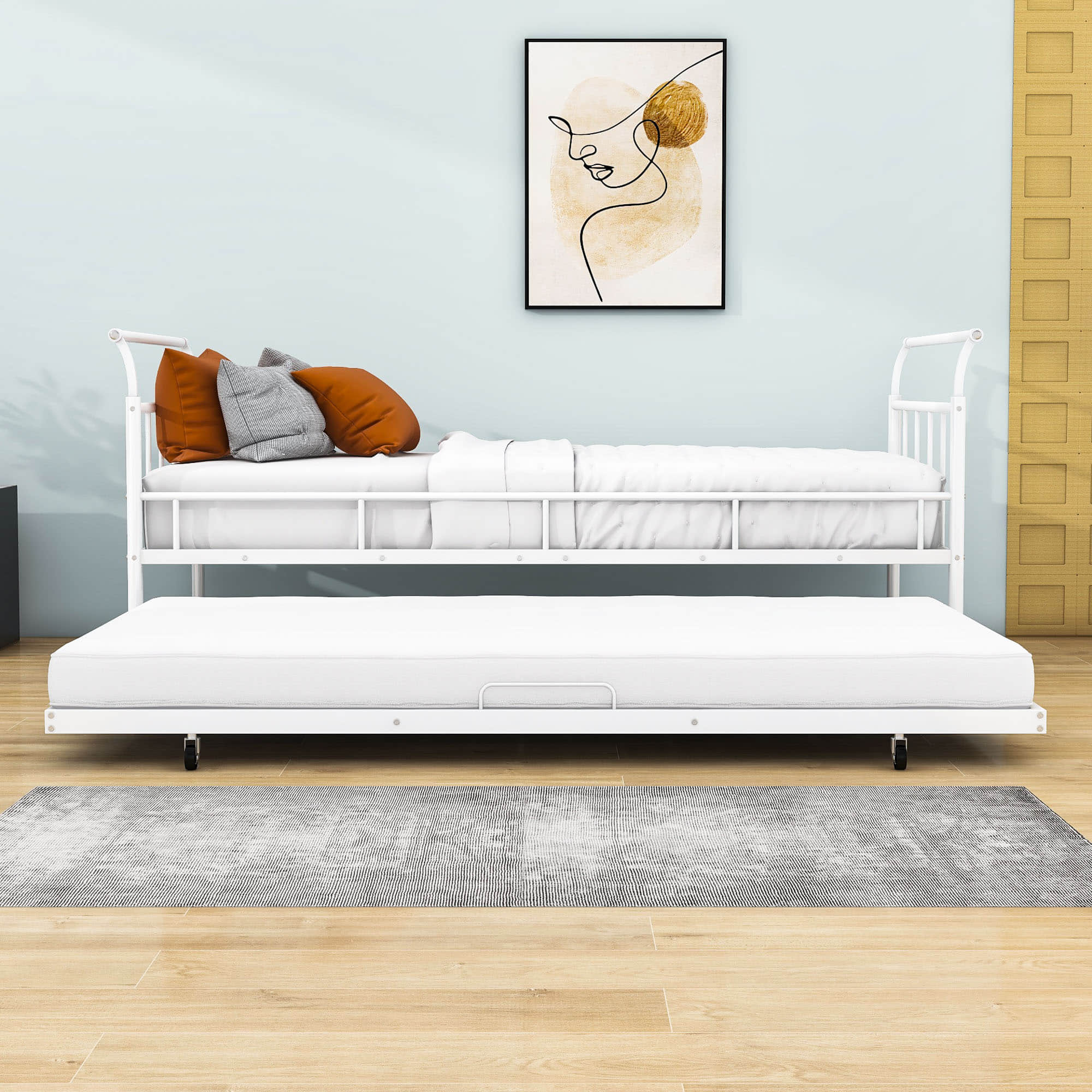 Metal Twin Daybed with Trundle and Curved Armrest - [Backless]