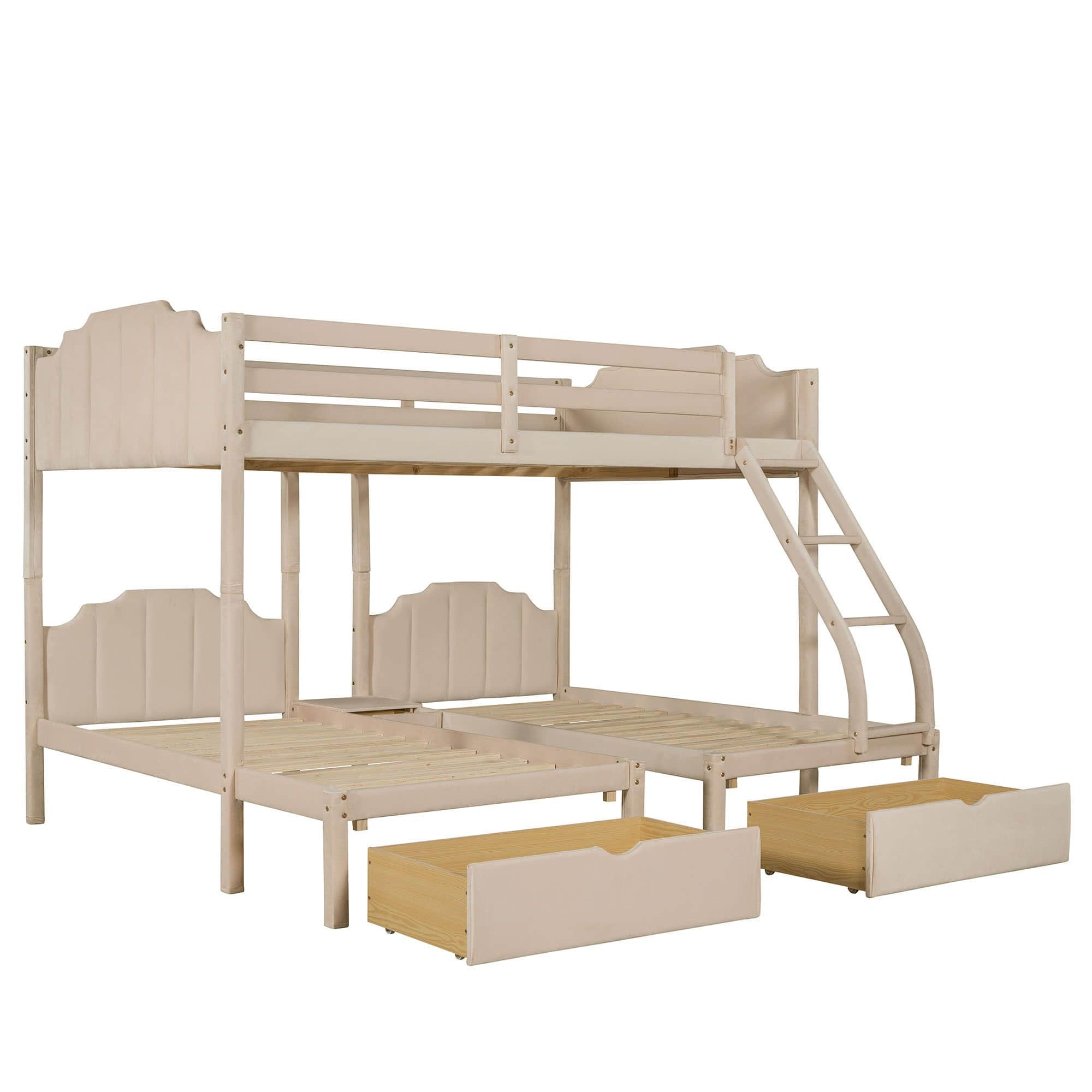 Upholstered Full Over Twin & Twin Triple Bunk Bed with Storage - [Drawers, L-Shaped]