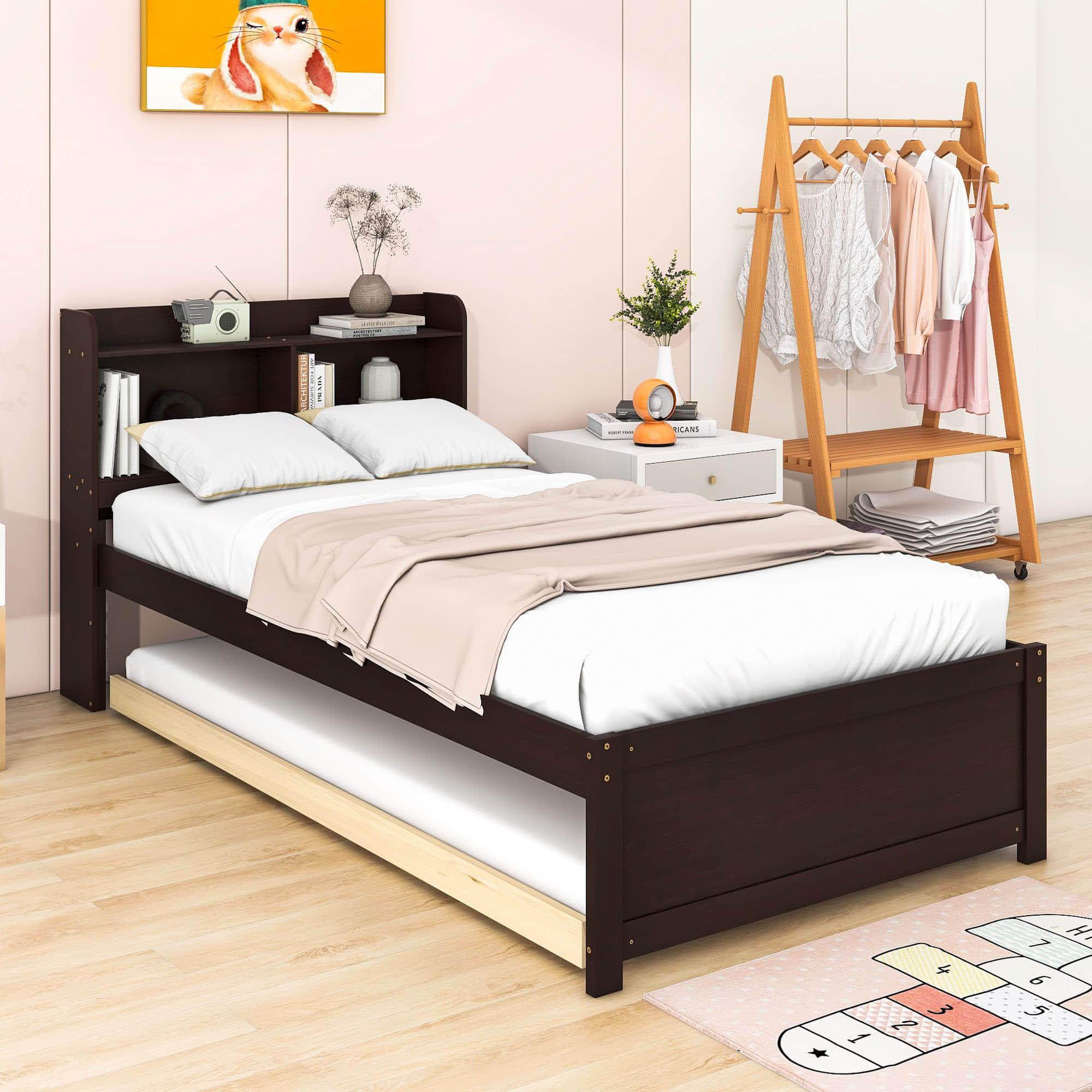 Wooden Twin Platform Bed with Twin Trundle Bed and Storage Headboard - [Shelves]