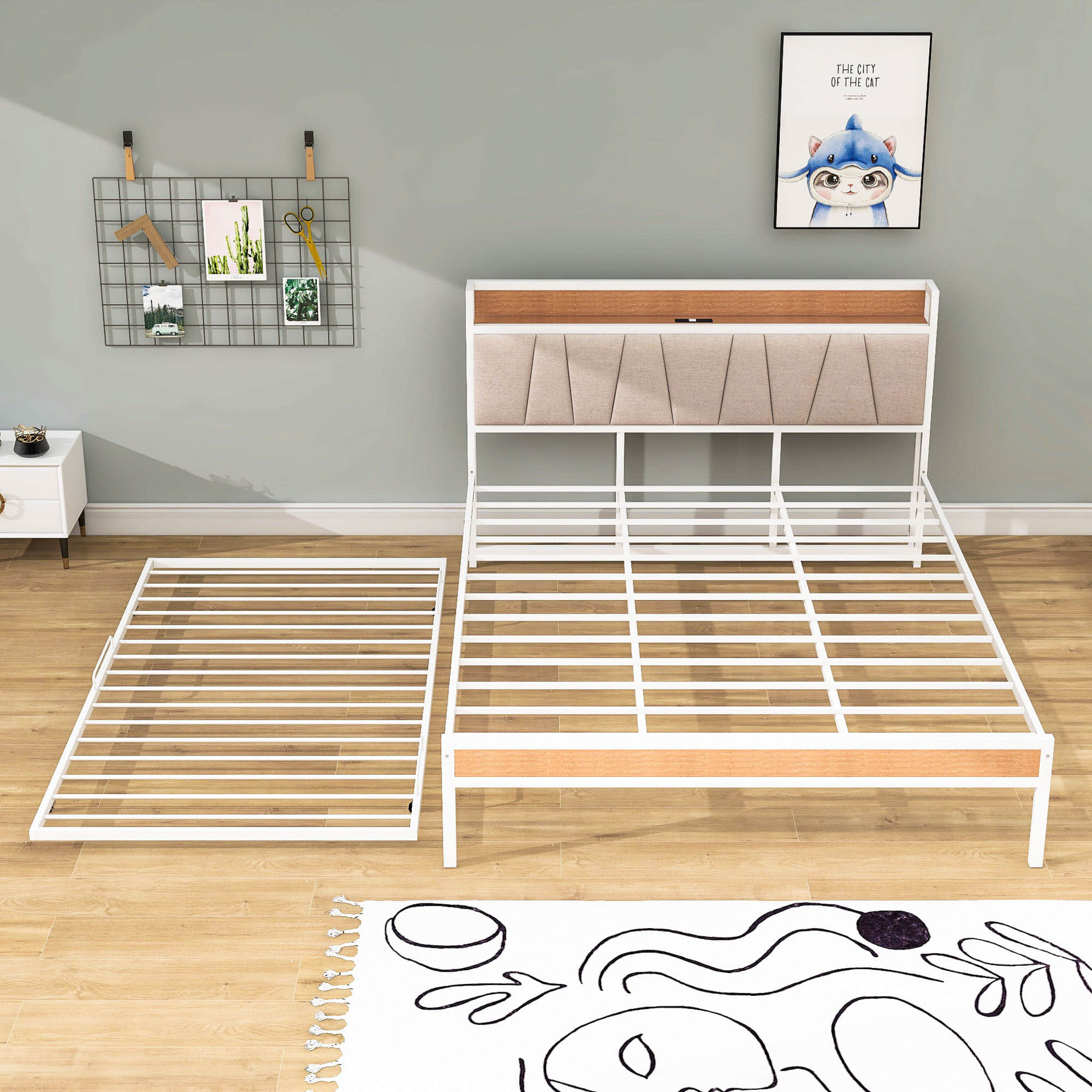 Smart Modern Queen Size Metal Platform Bed Frame with Twin Trundle