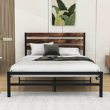 Rustic Full Size Metal Bed Frame with Vintage Wood Headboard