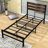 Rustic Twin Size Metal Bed Frame with Vintage Wood Headboard