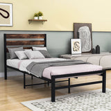 Rustic Twin Size Metal Bed Frame with Vintage Wood Headboard