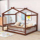 Full Size Wood House Kids Toddler Floor Bed with Rails