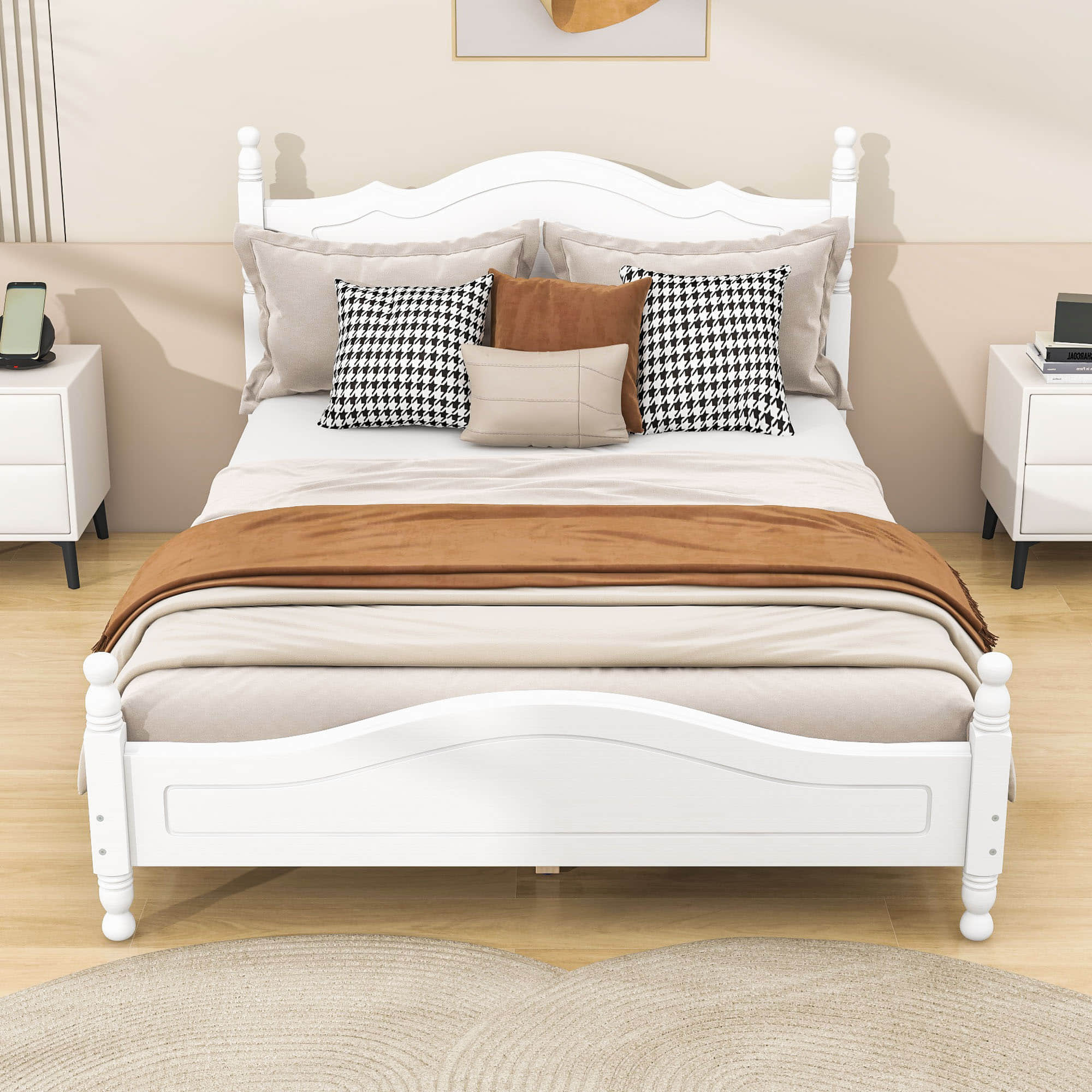 Traditional Full Size Low Profile Wood Platform Bed Frame with Headboard