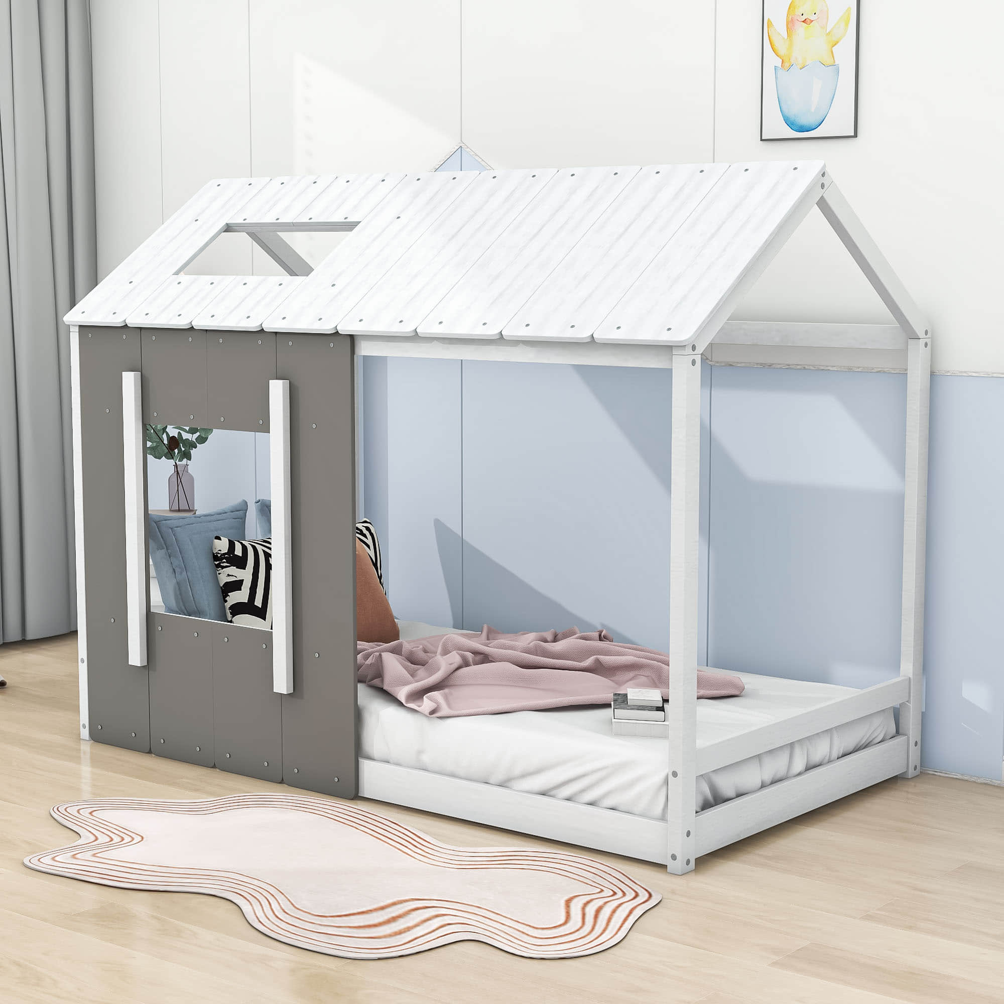 Wood House-Shaped Twin Floor Bed Frame for Toddler, Kids - [Roof]