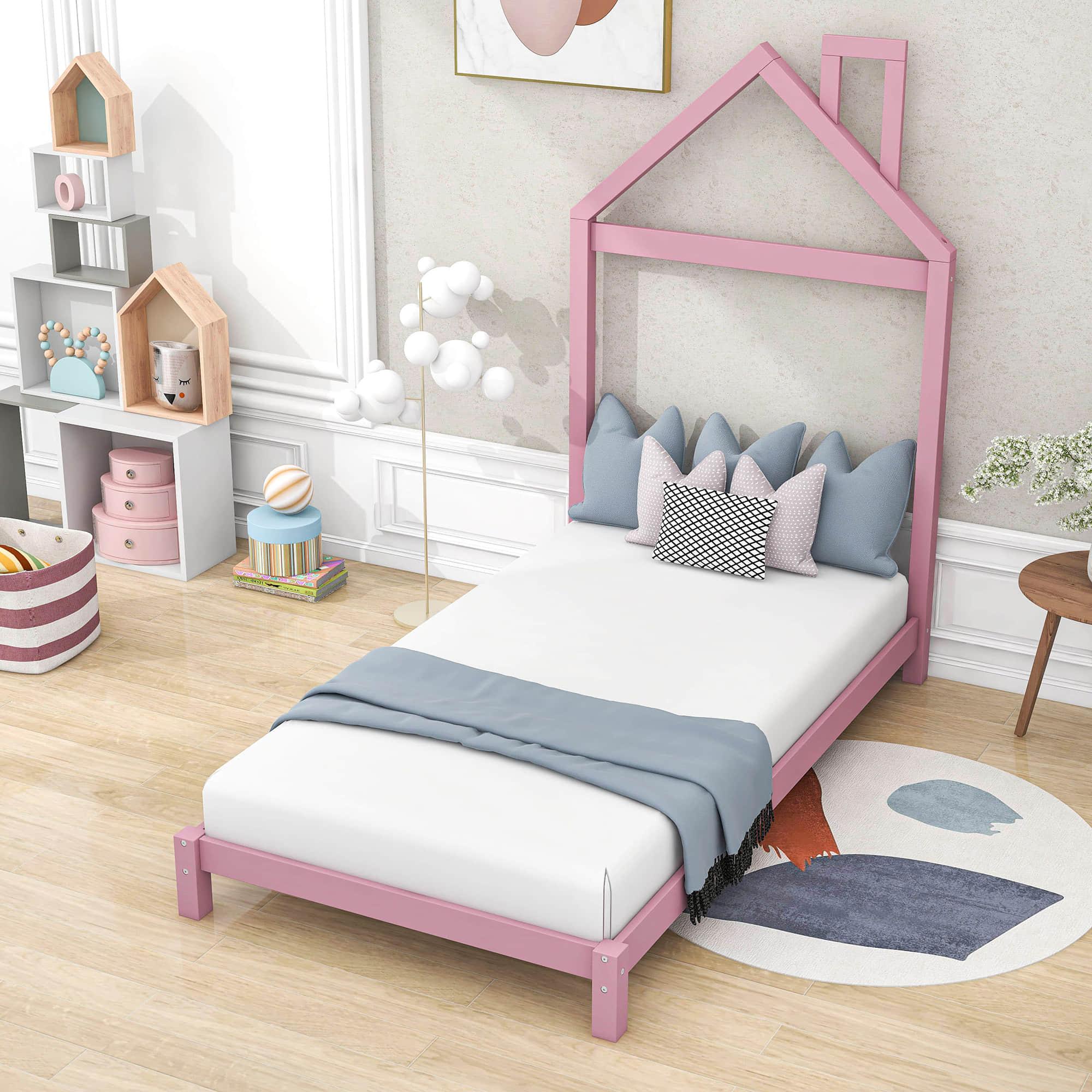 Wood Twin Size Low Platform Bed with House-shaped Headboard