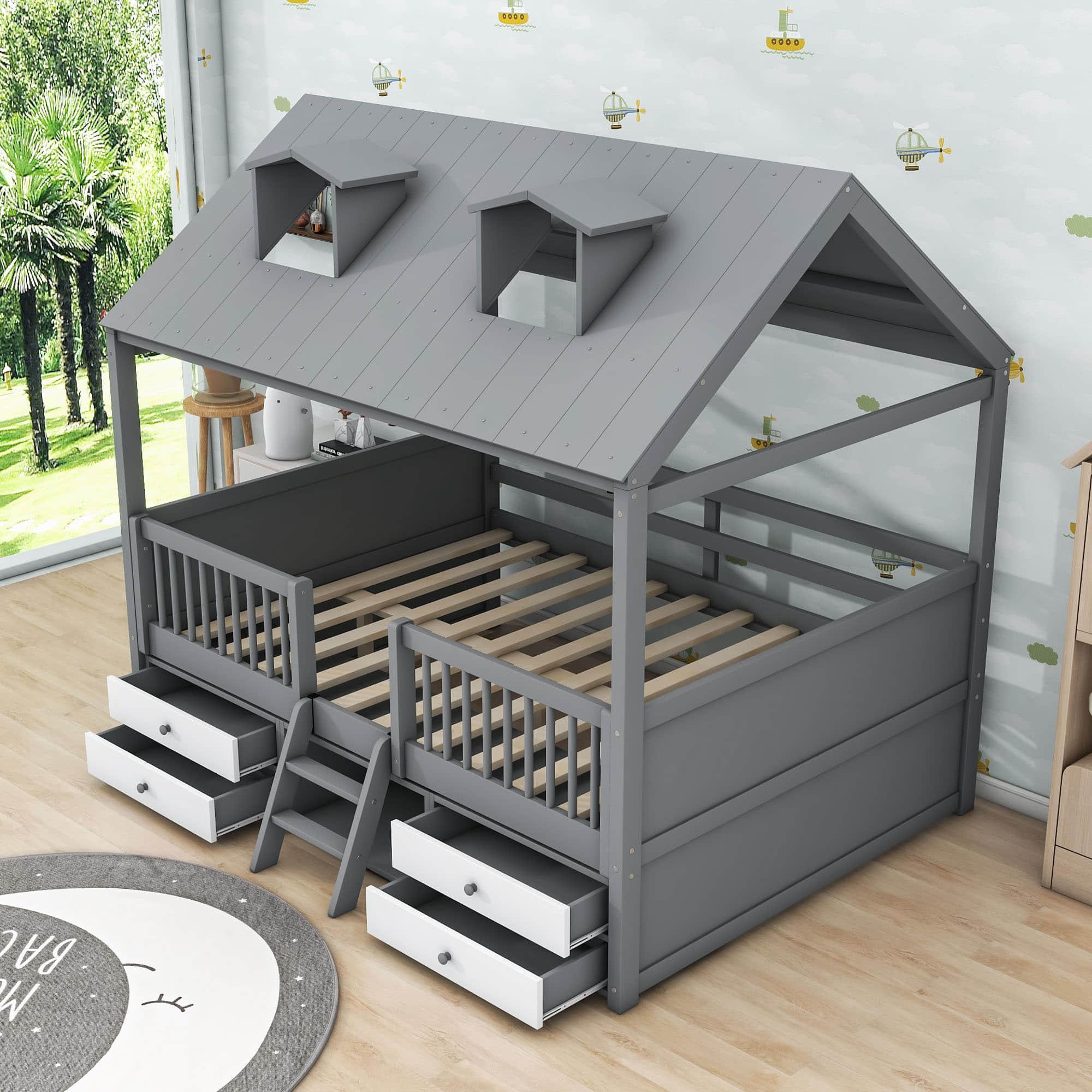 Low Full Size Loft House Bed with Storage for Kids, Toddler - [Wooden]