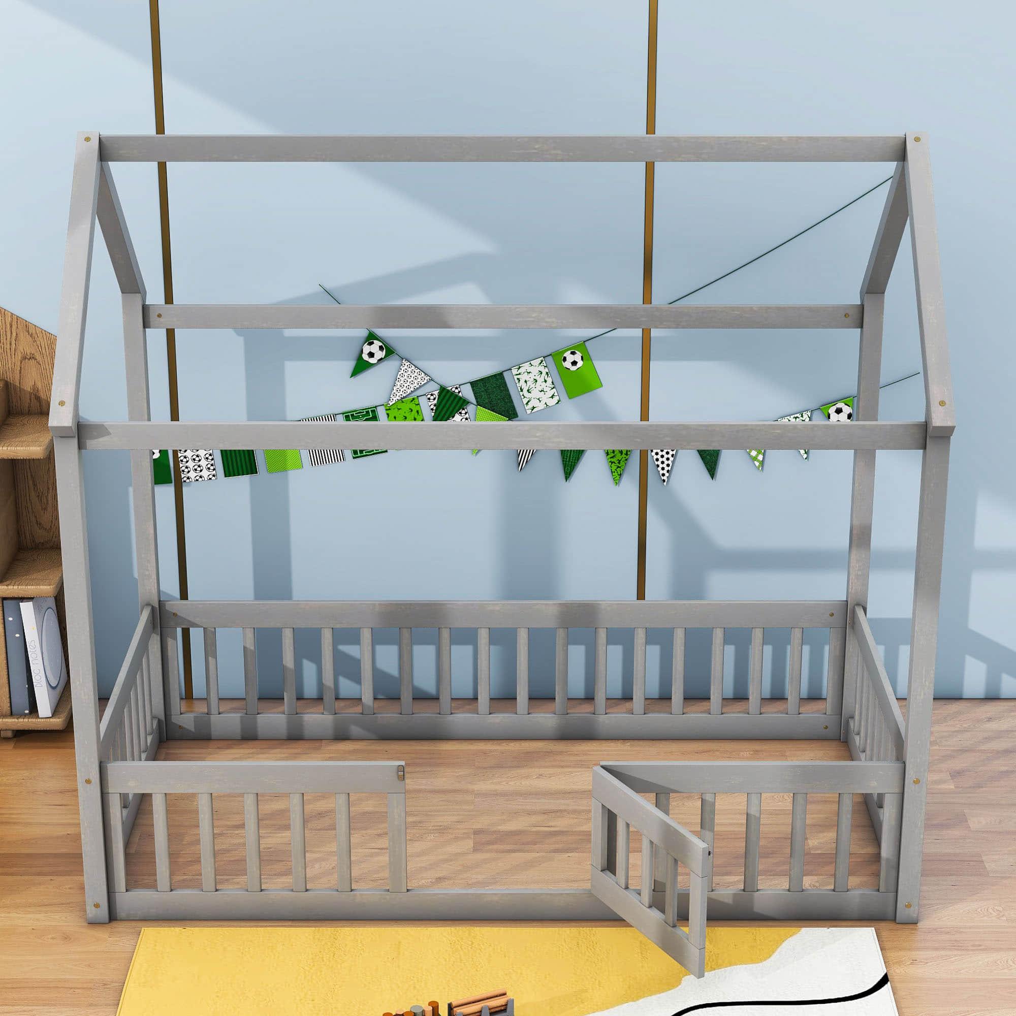 Wood House Twin Toddler Floor Bed with Rails and Door