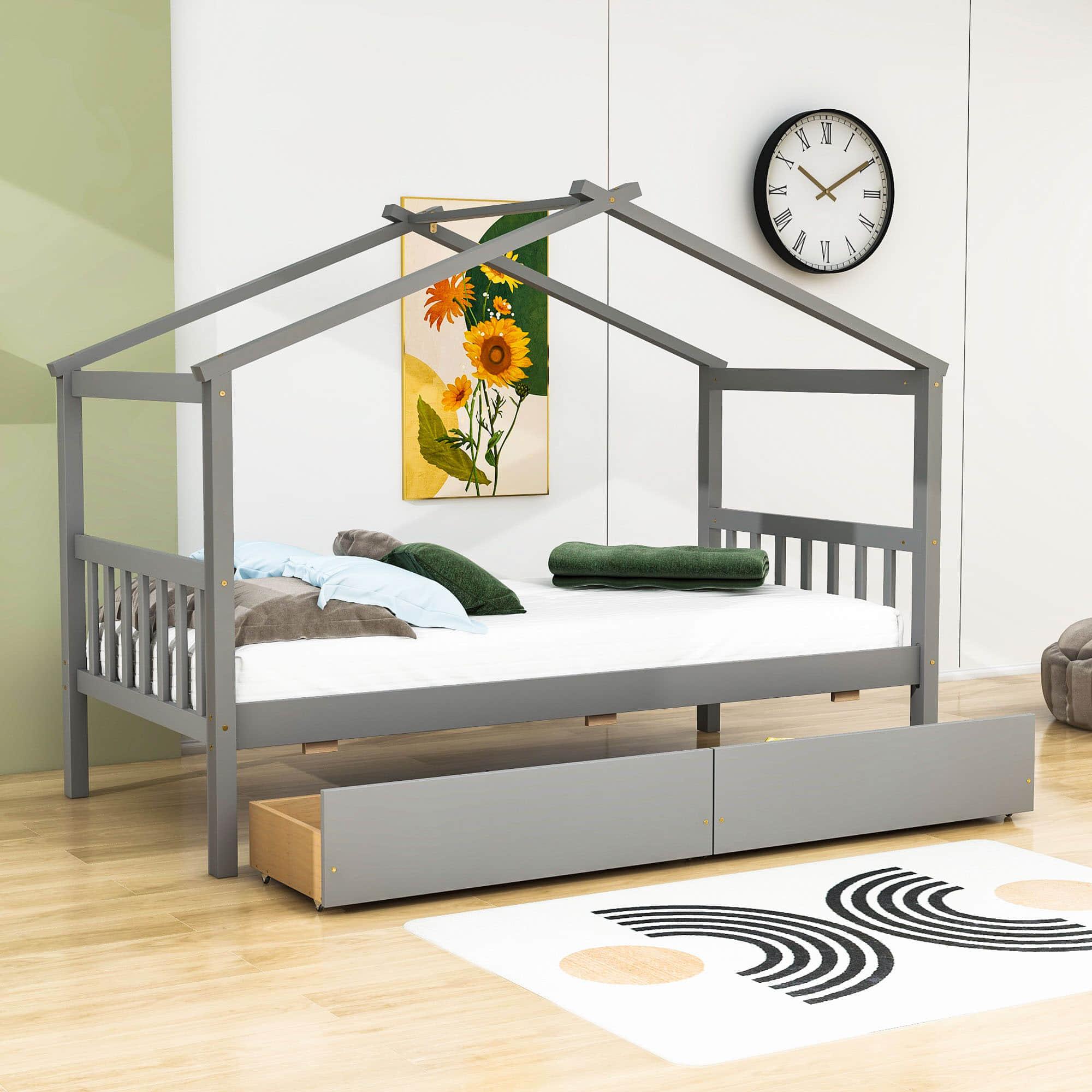 Kids Low Wooden House Bed with Storage and Headboard - [Drawers, Footboard]