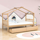 Kids Low Wooden House Bed with Storage and Headboard - [Drawers, Footboard]