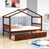 Kids Low Wooden House Bed with Storage and Headboard - [Drawers, Footboard]