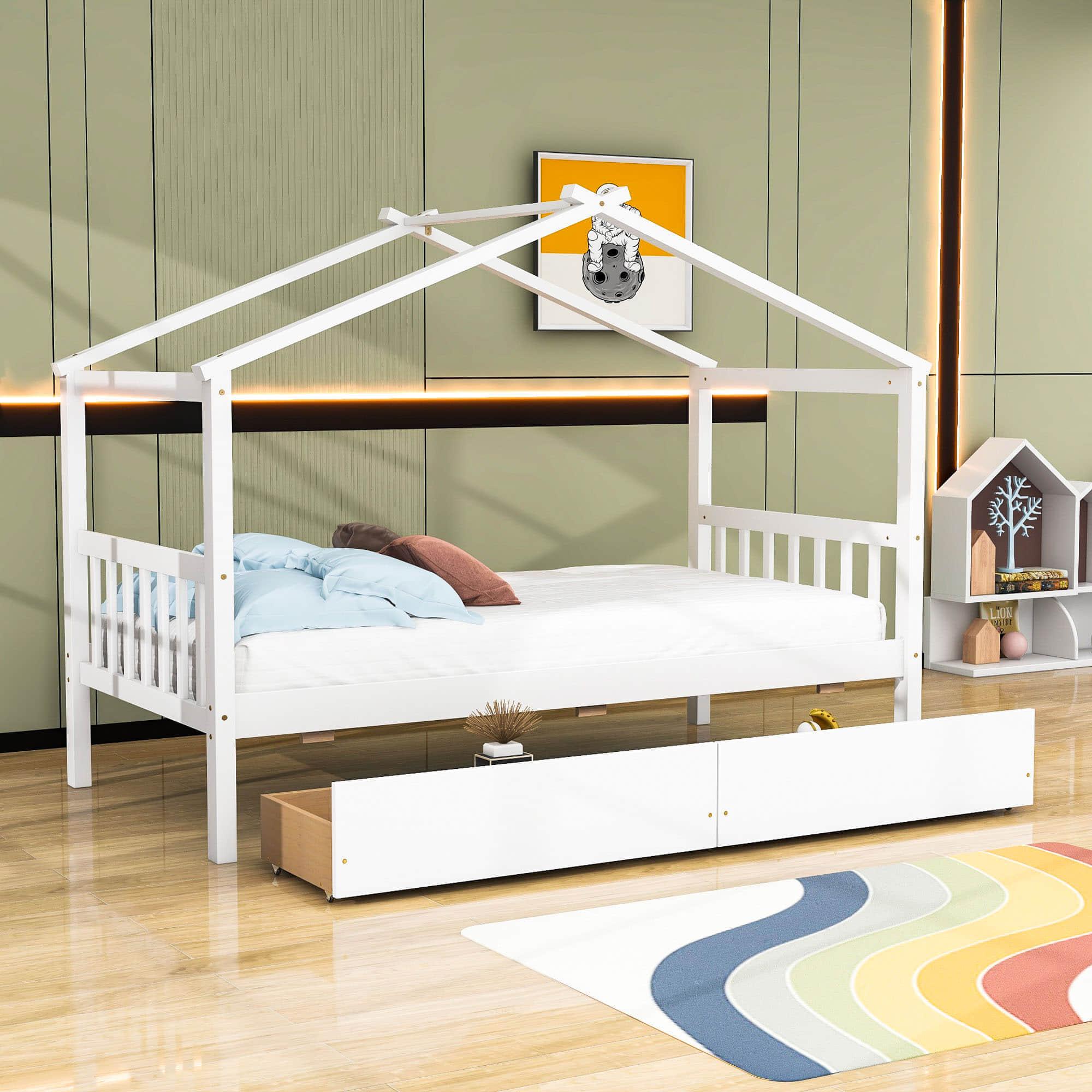 Kids Low Wooden House Bed with Storage and Headboard - [Drawers, Footboard]