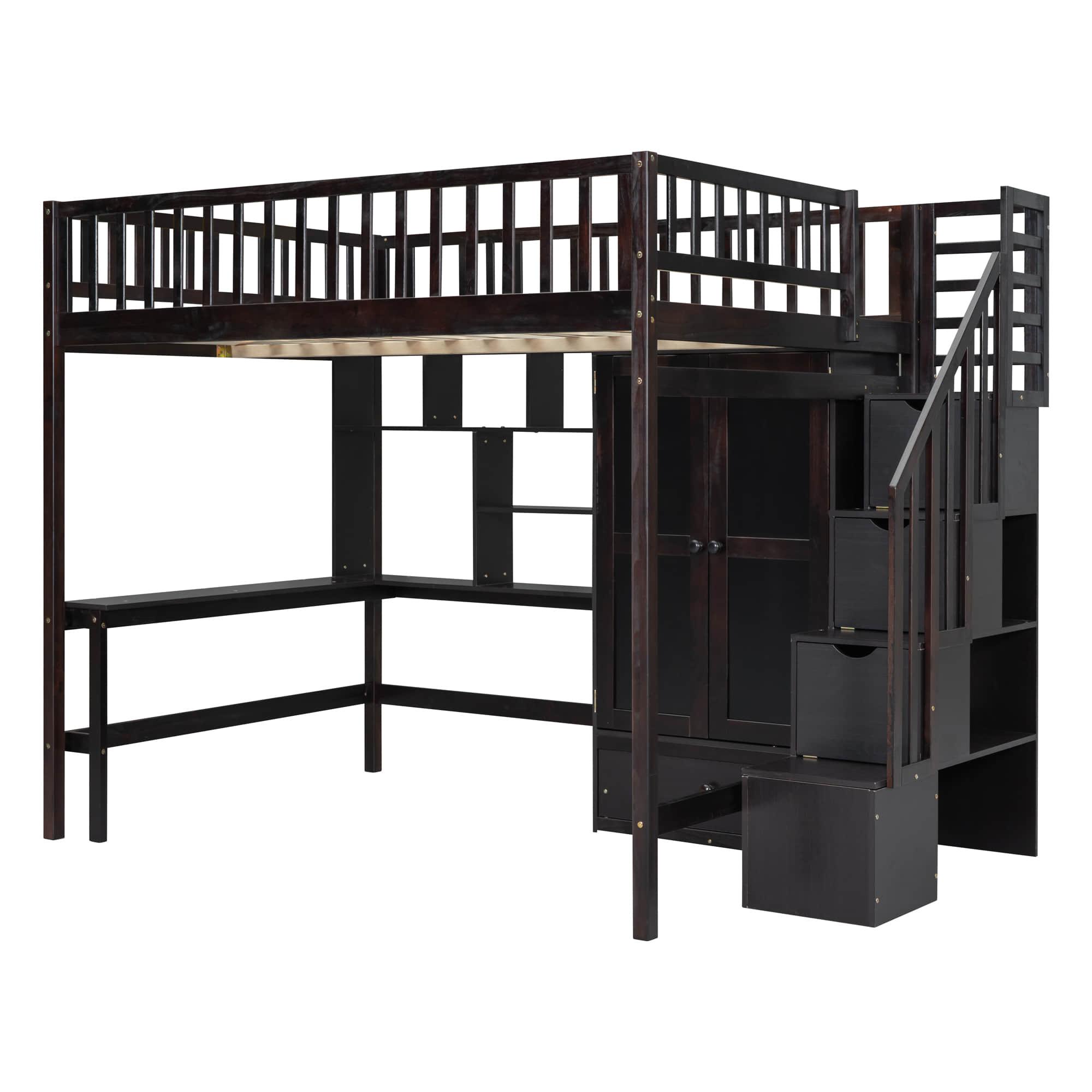 Full Size Loft Bed with Desk and Stairs, Storage - [Wood, Drawers, Wardrobe, Shelves]