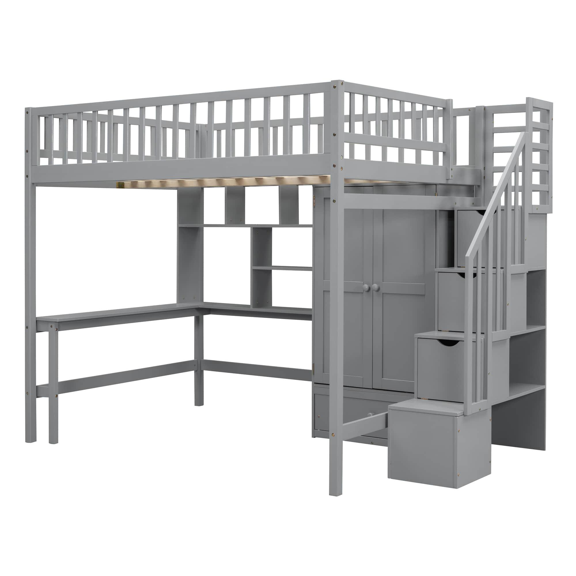 Full Size Loft Bed with Desk and Stairs, Storage - [Wood, Drawers, Wardrobe, Shelves]