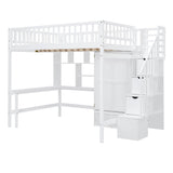 Full Size Loft Bed with Desk and Stairs, Storage - [Wood, Drawers, Wardrobe, Shelves]