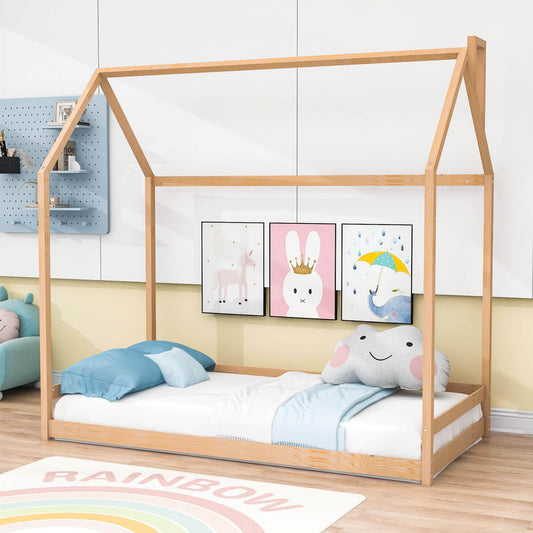 Solid Wood Twin House Toddler Floor Bed