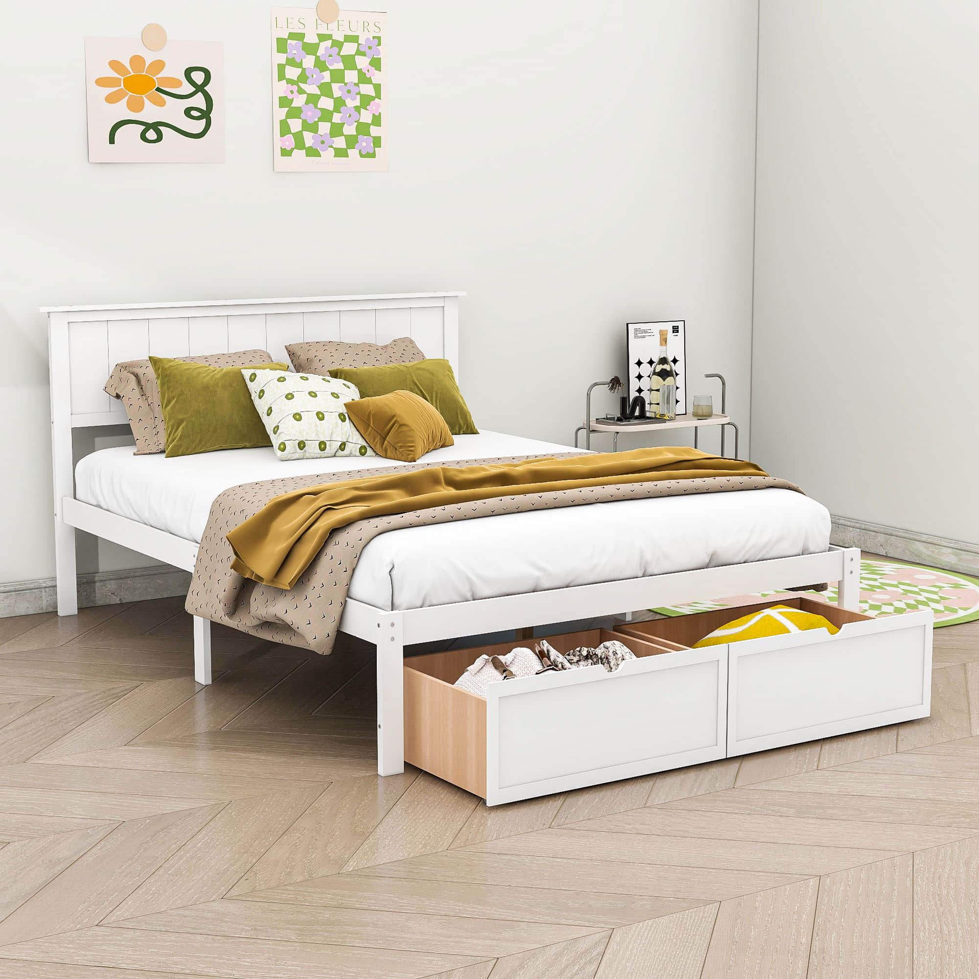 Full Size Platform Bed Frame with Under bed Storage - [Wooden, Drawers]