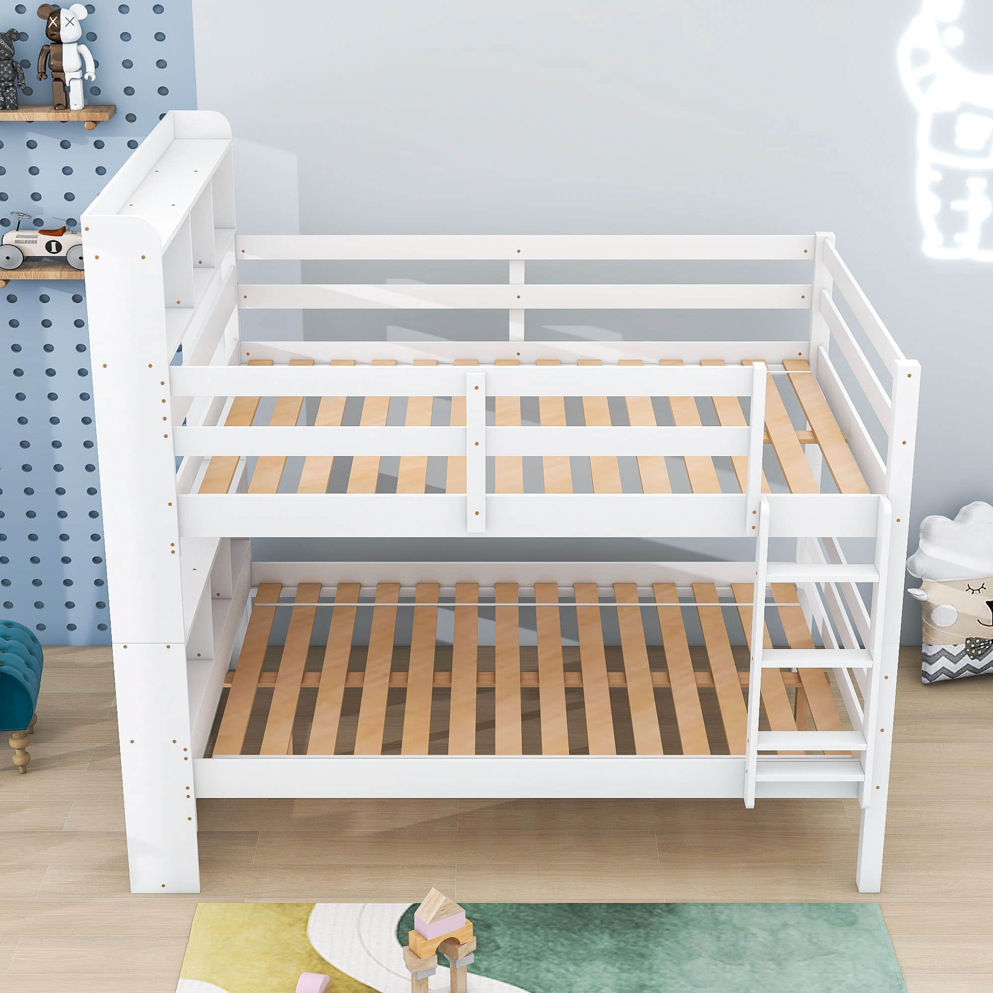 Solid Wood Convertible Full Over Full Bunk Beds with Bookcase Headboard