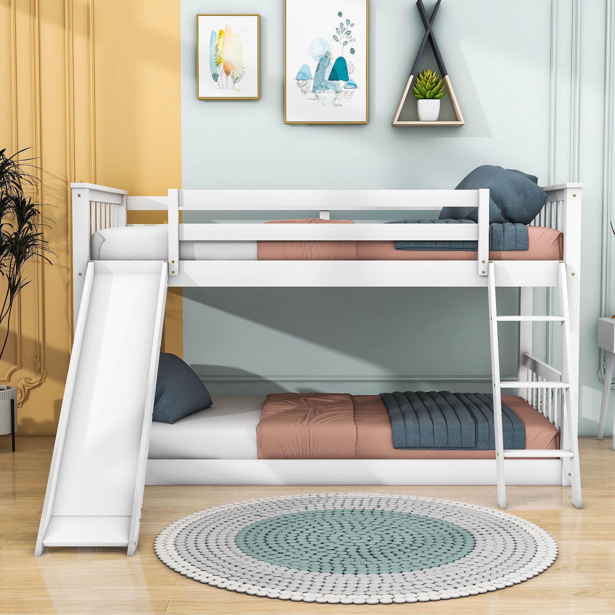 Low Twin Over Twin Bunk Beds with Slide for Kids Toddler - [Wooden, Floor, Interchangeable]