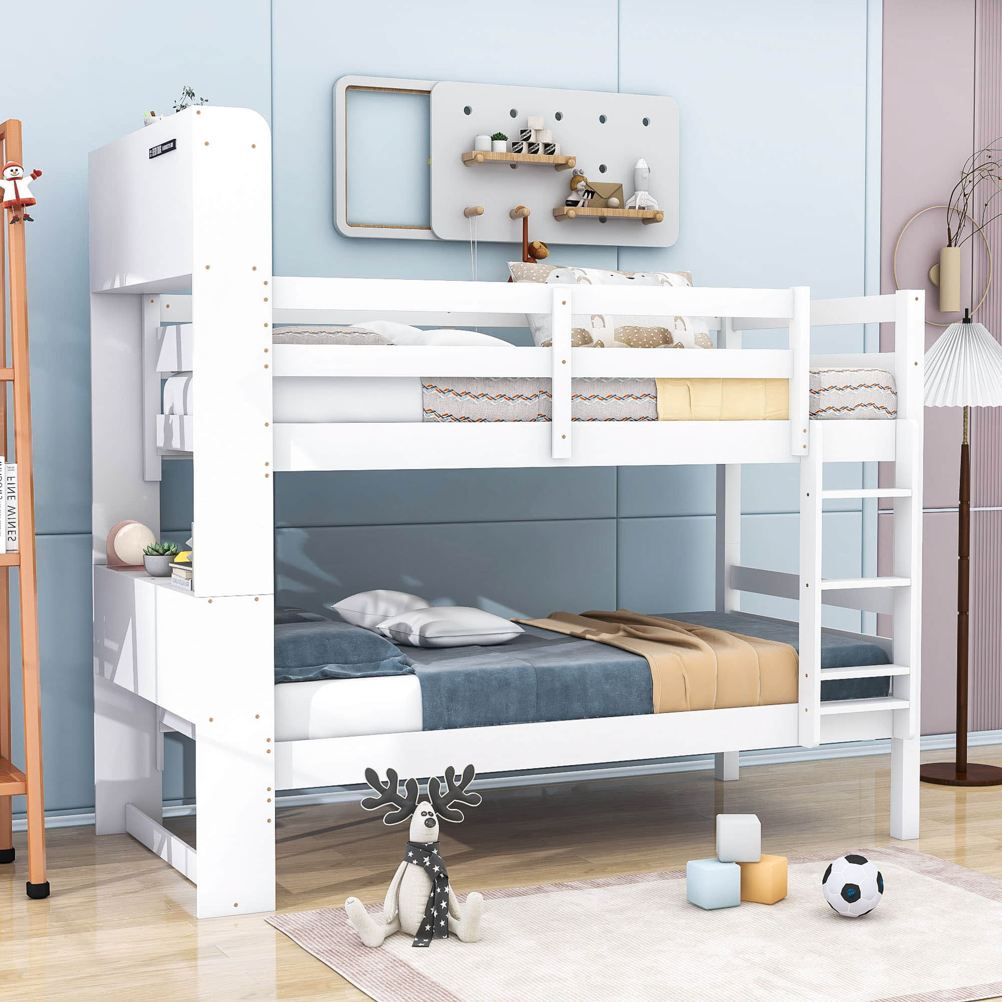 Solid Wood Convertible Twin Over Twin Bunk Beds with Bookcase Headboard