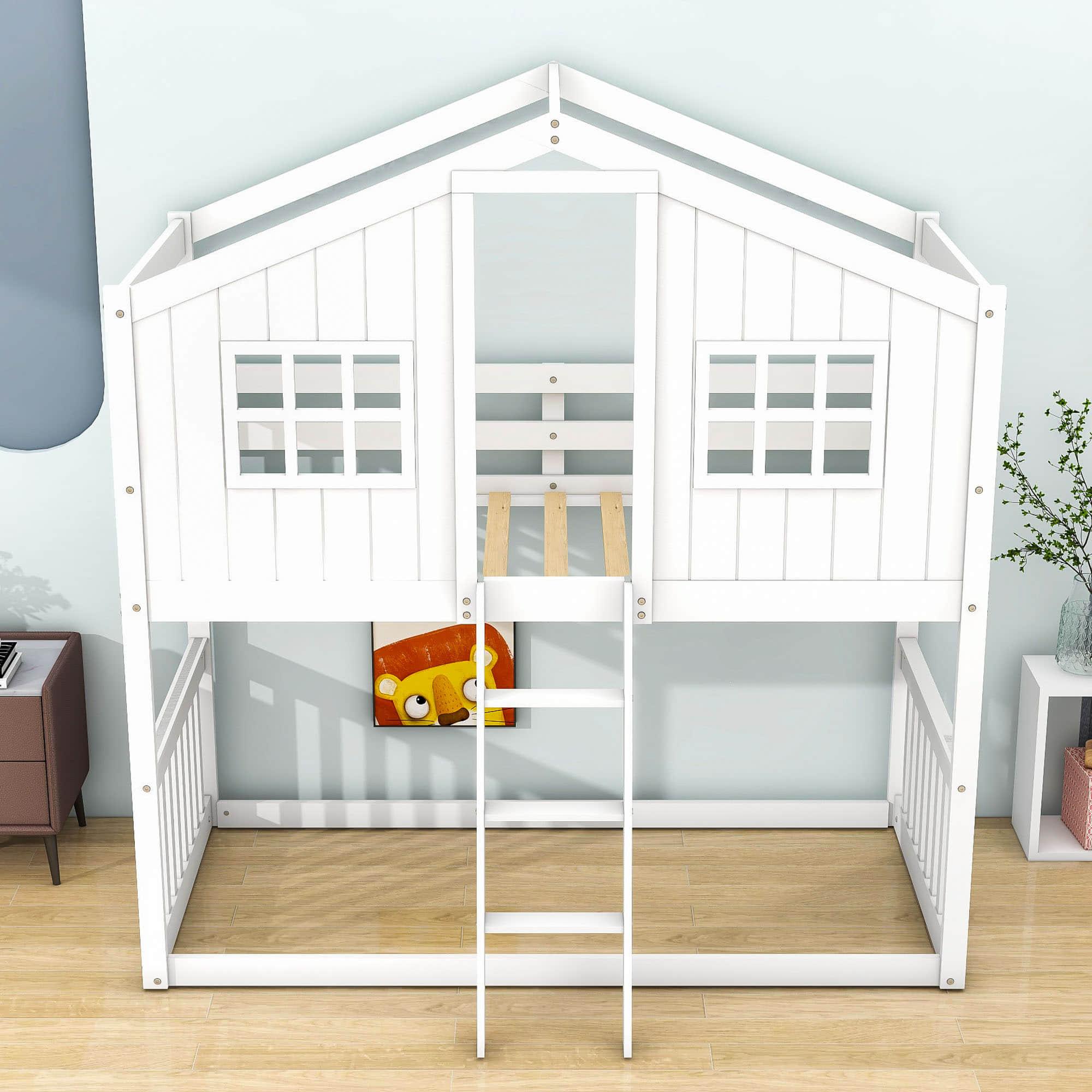 Low Twin Over Twin House Bunk Beds for Kids Toddler - [Wooden, Floor]