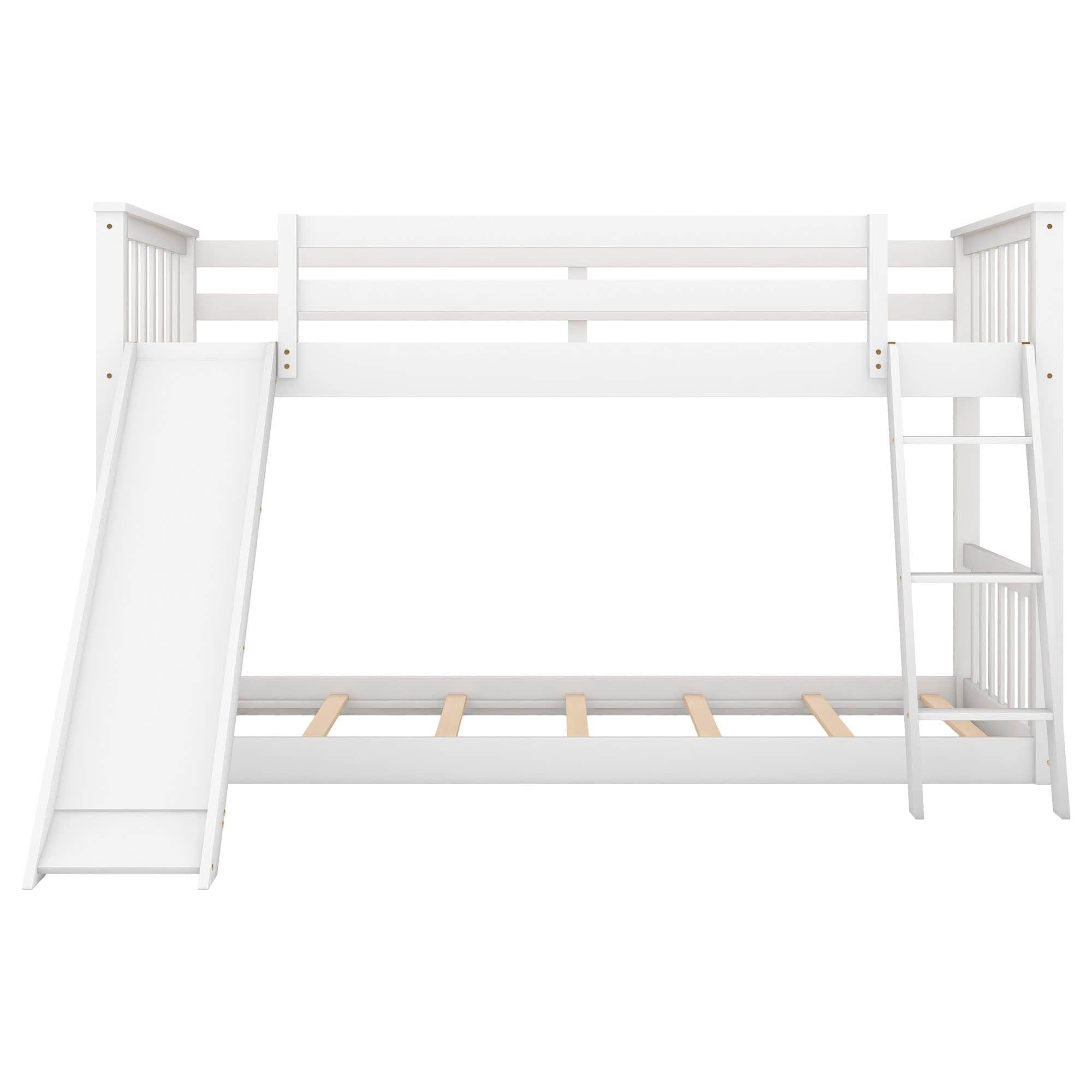 Low Twin Over Twin Bunk Beds with Slide for Kids Toddler - [Wooden, Floor, Interchangeable]