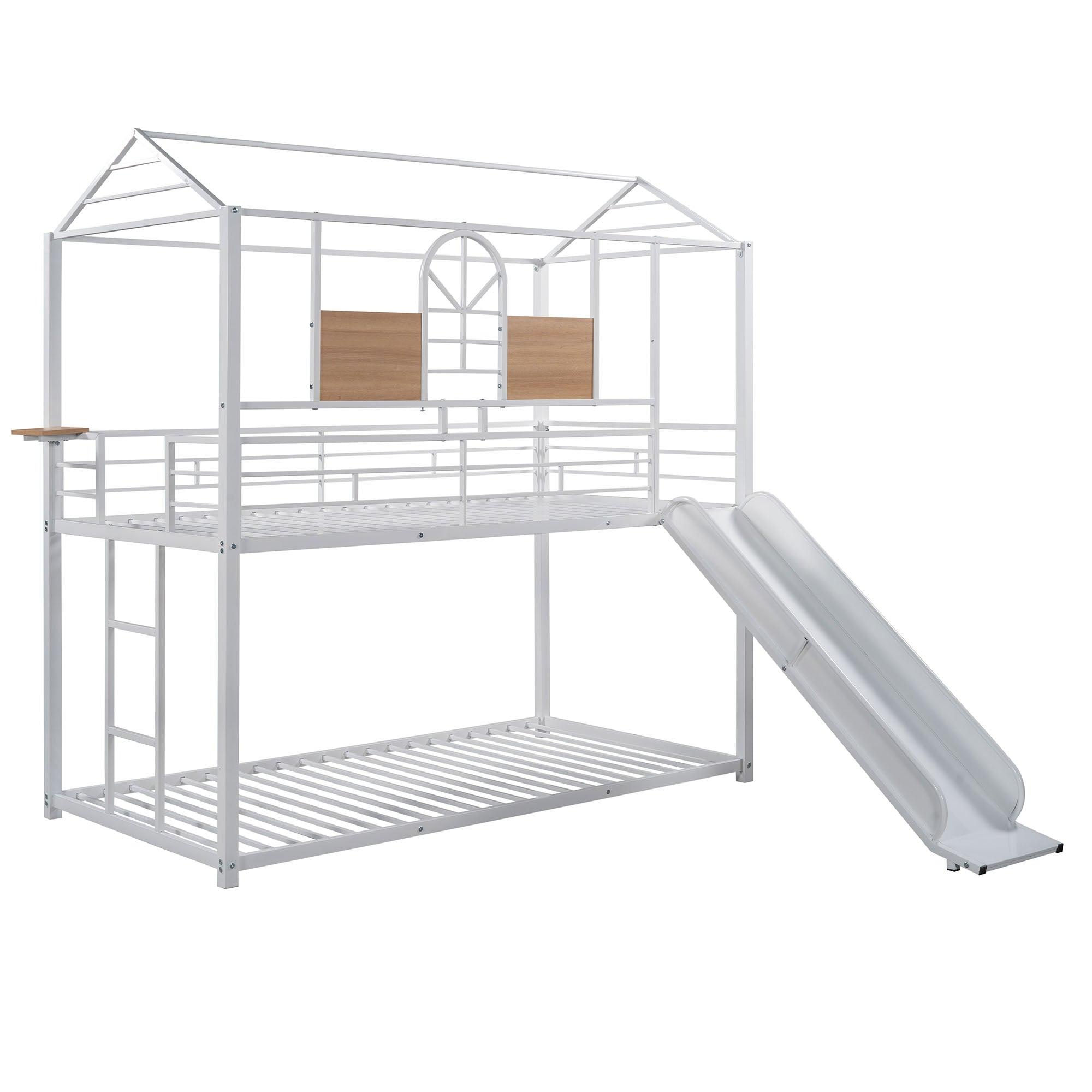 Low House Twin Over Twin Bunk Beds with Slide for Kids Toddler - [Metal]