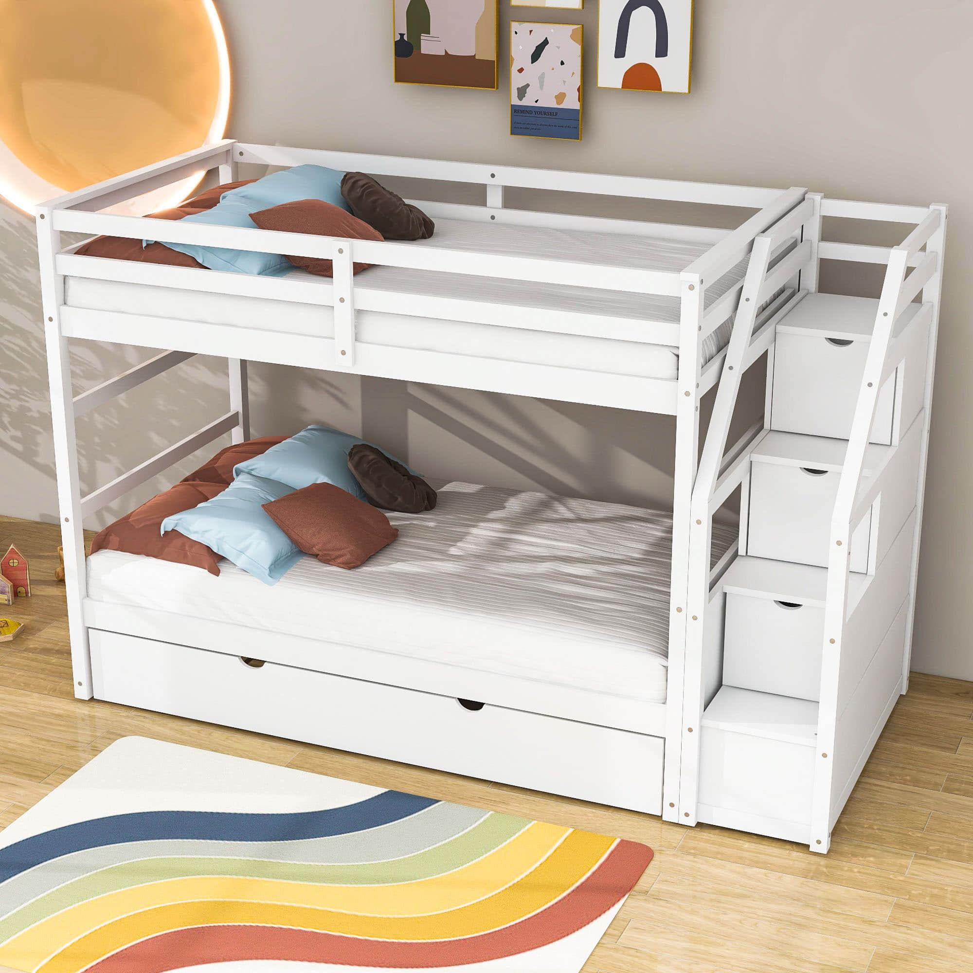 Low Twin Over Twin Bunk Beds for Kids with Storage Stairs and Trundle