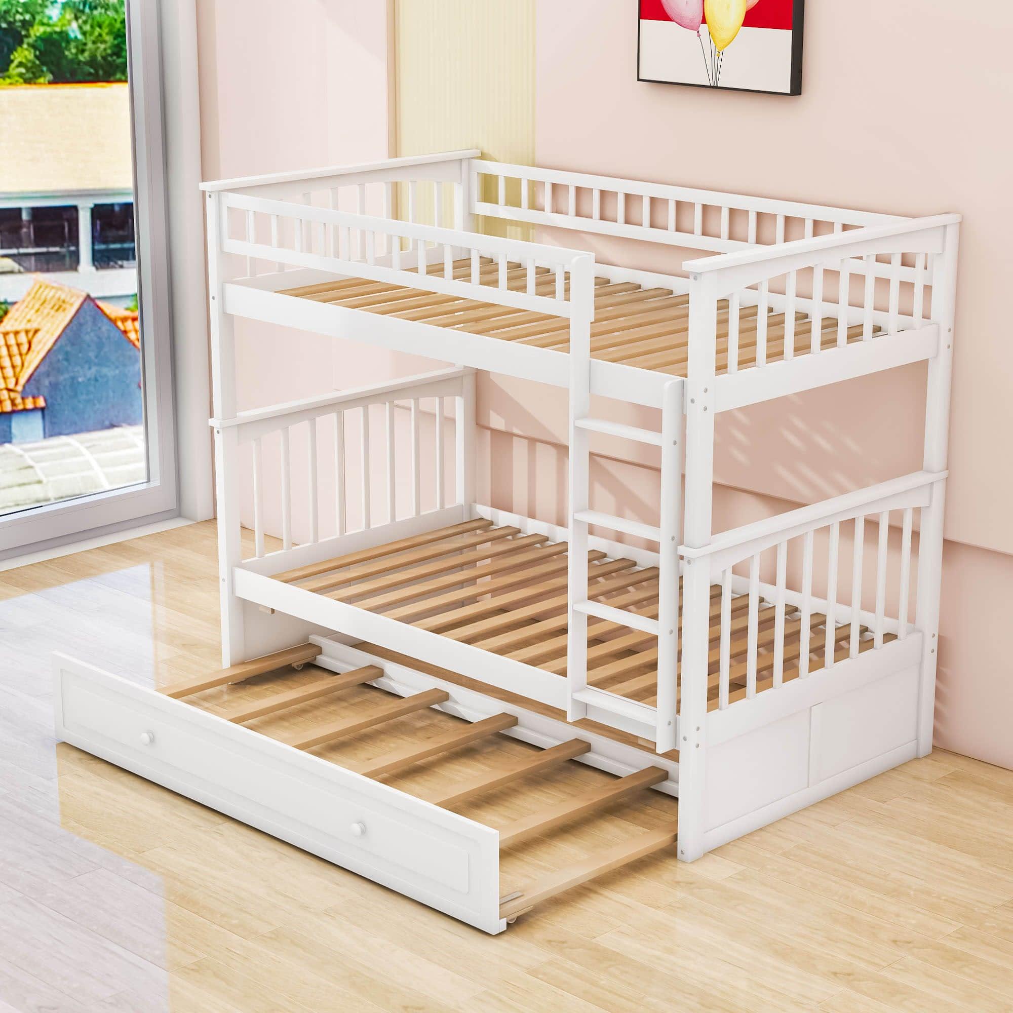 Twin Over Twin Convertible Bunk Bed with Twin Trundle - [Wooden]