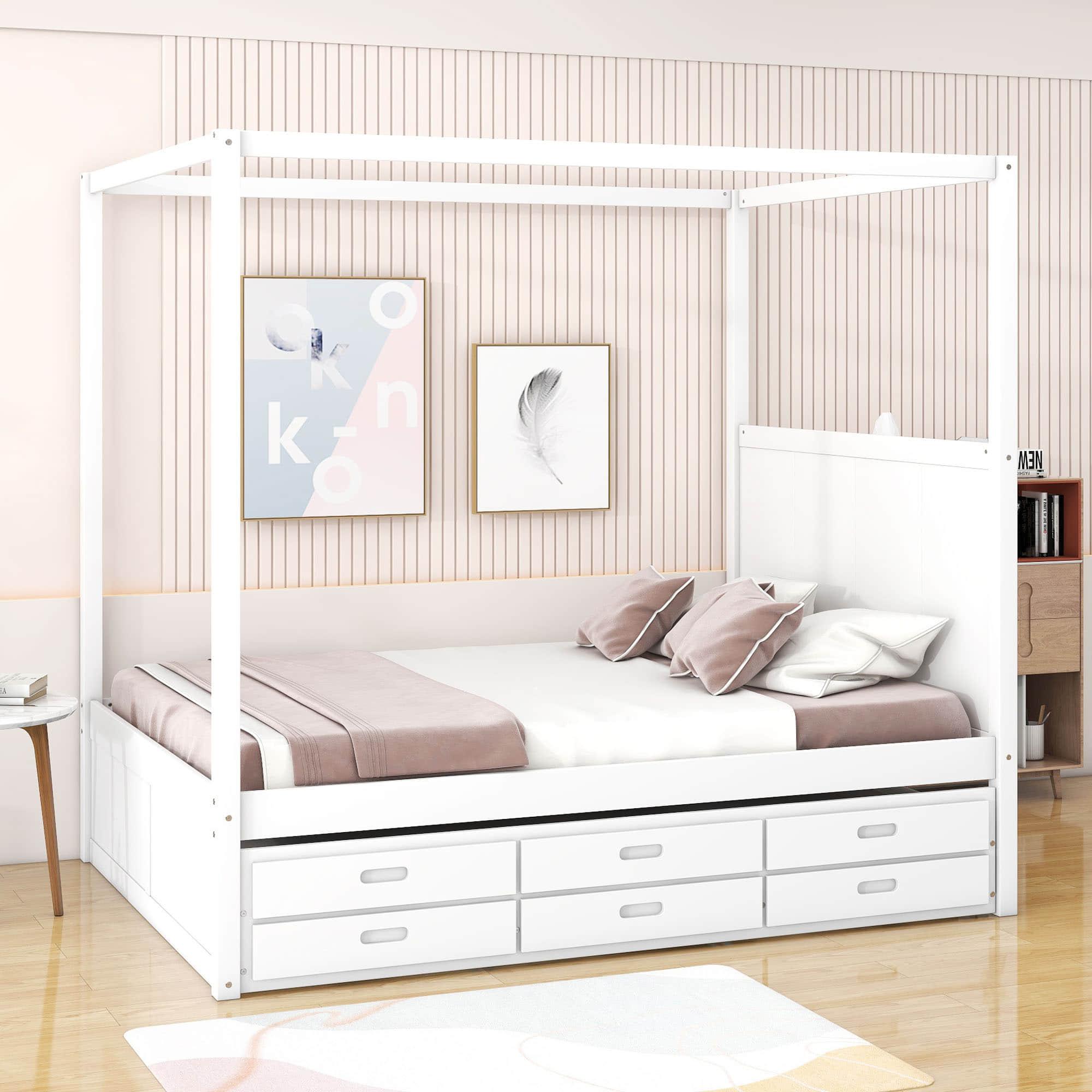 Queen Size Captain's Canopy Bed with Twin Trundle Bed and Storage - [Wooden, Drawers]