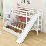 Girls Twin Over Twin Castle Bunk Bed with Slide and Stairs, Storage