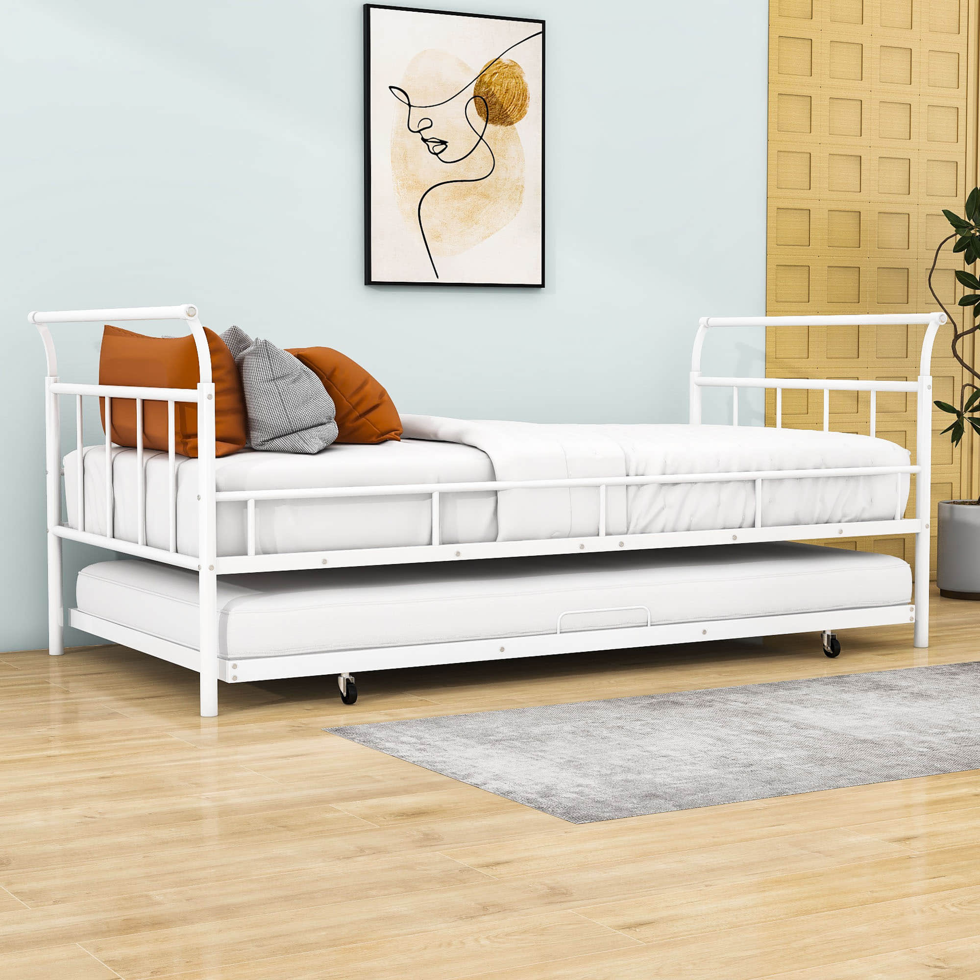 Metal Twin Daybed with Trundle and Curved Armrest - [Backless]