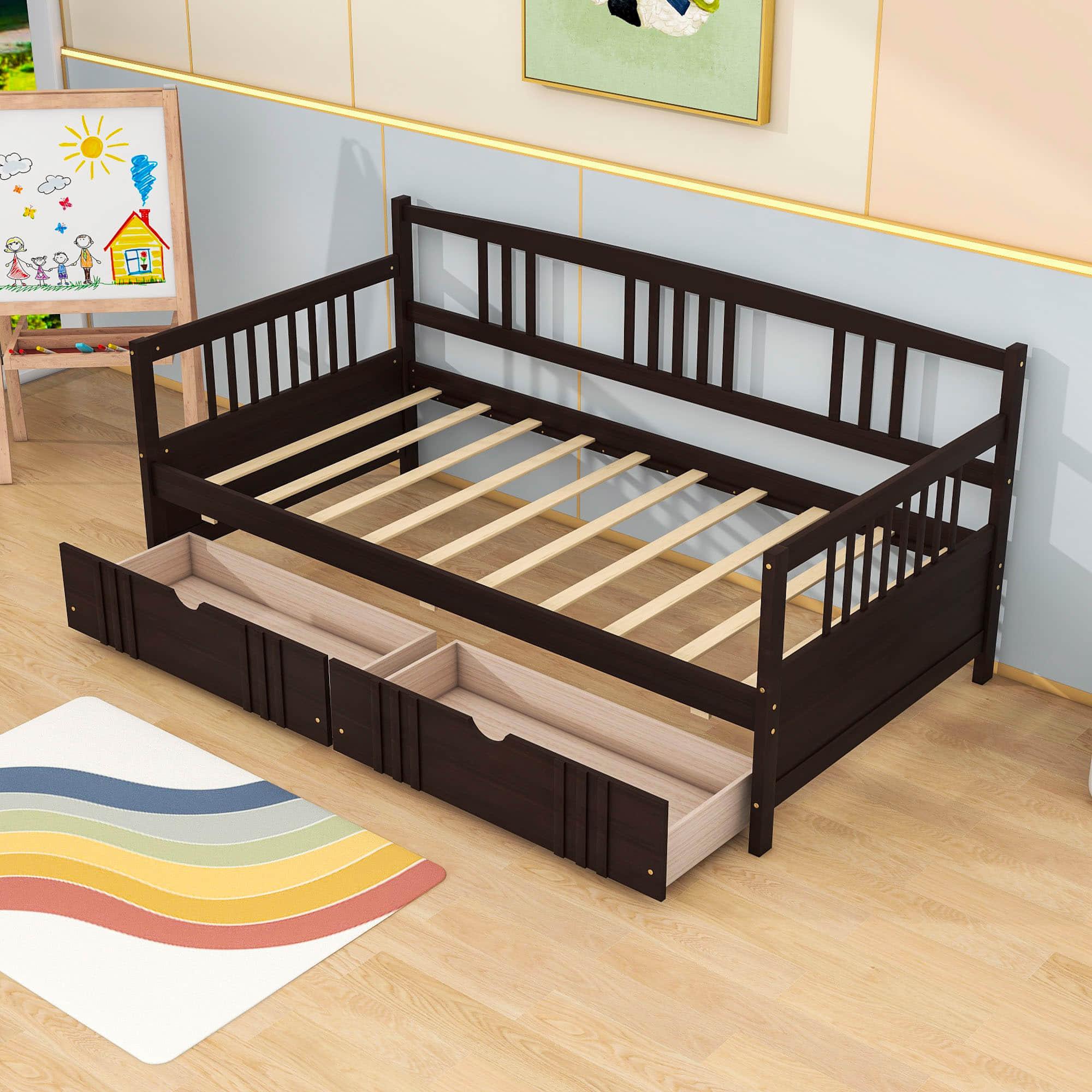 Twin Size Daybed with Storage Drawers - [Wood, Slat Back]