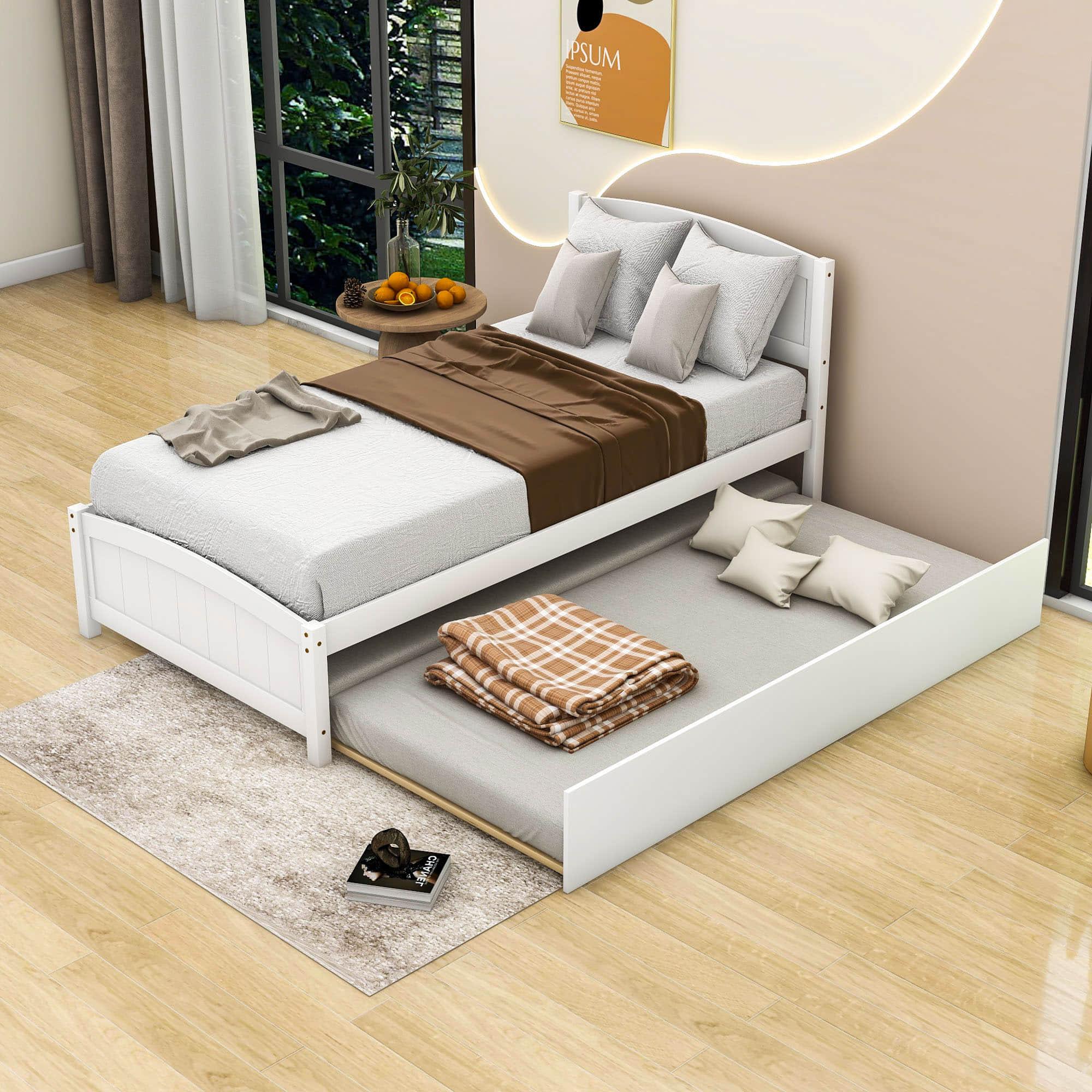 Twin Platform Bed Frame with Twin Trundle and Headboard