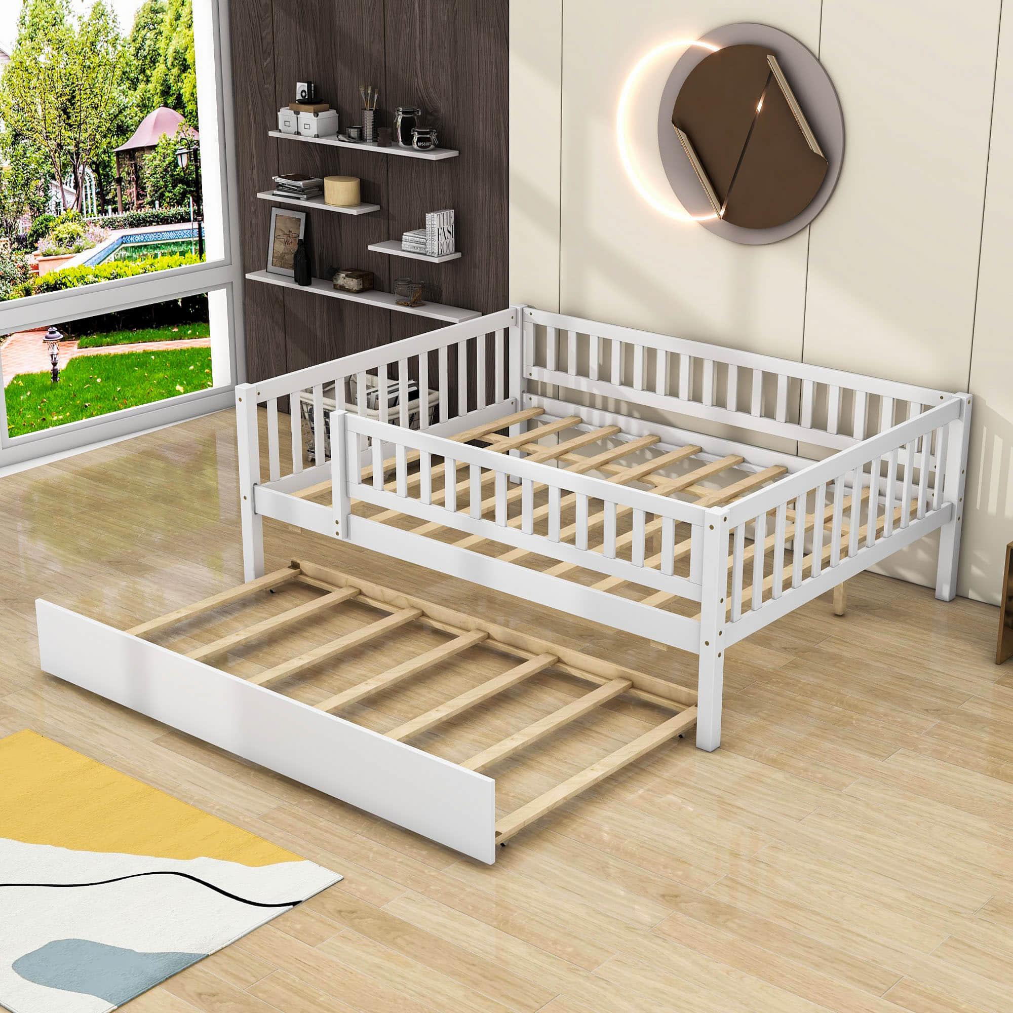 Wooden Full Size Low Kids Bed with Twin Size Trundle and Rails