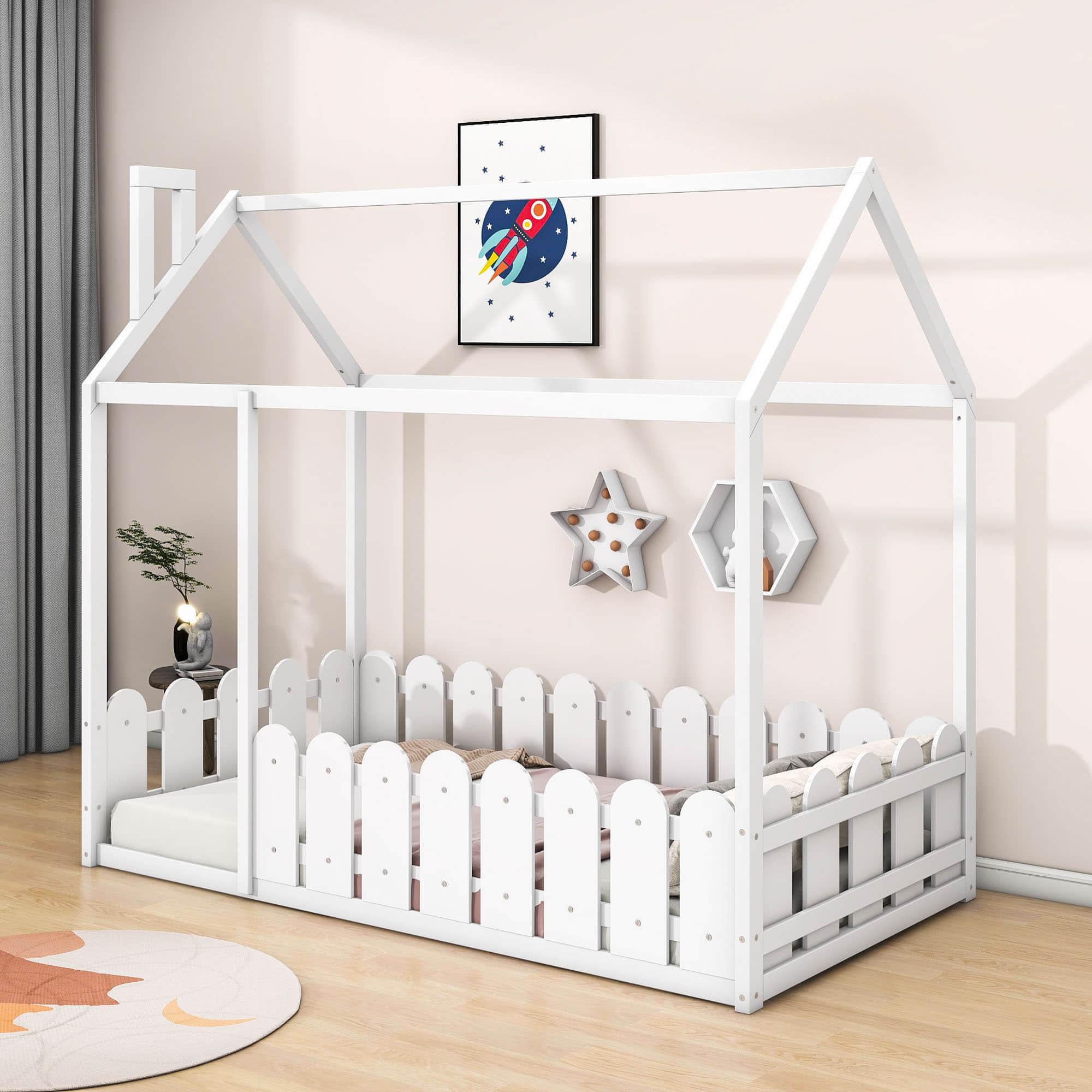 Twin Toddler Floor House Bed Frame with Rails - [Without Slats]