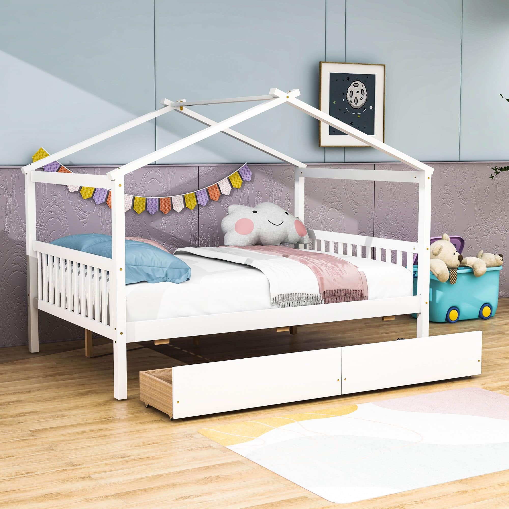 Wooden Full Size House Bed with Storage Drawers for Kids