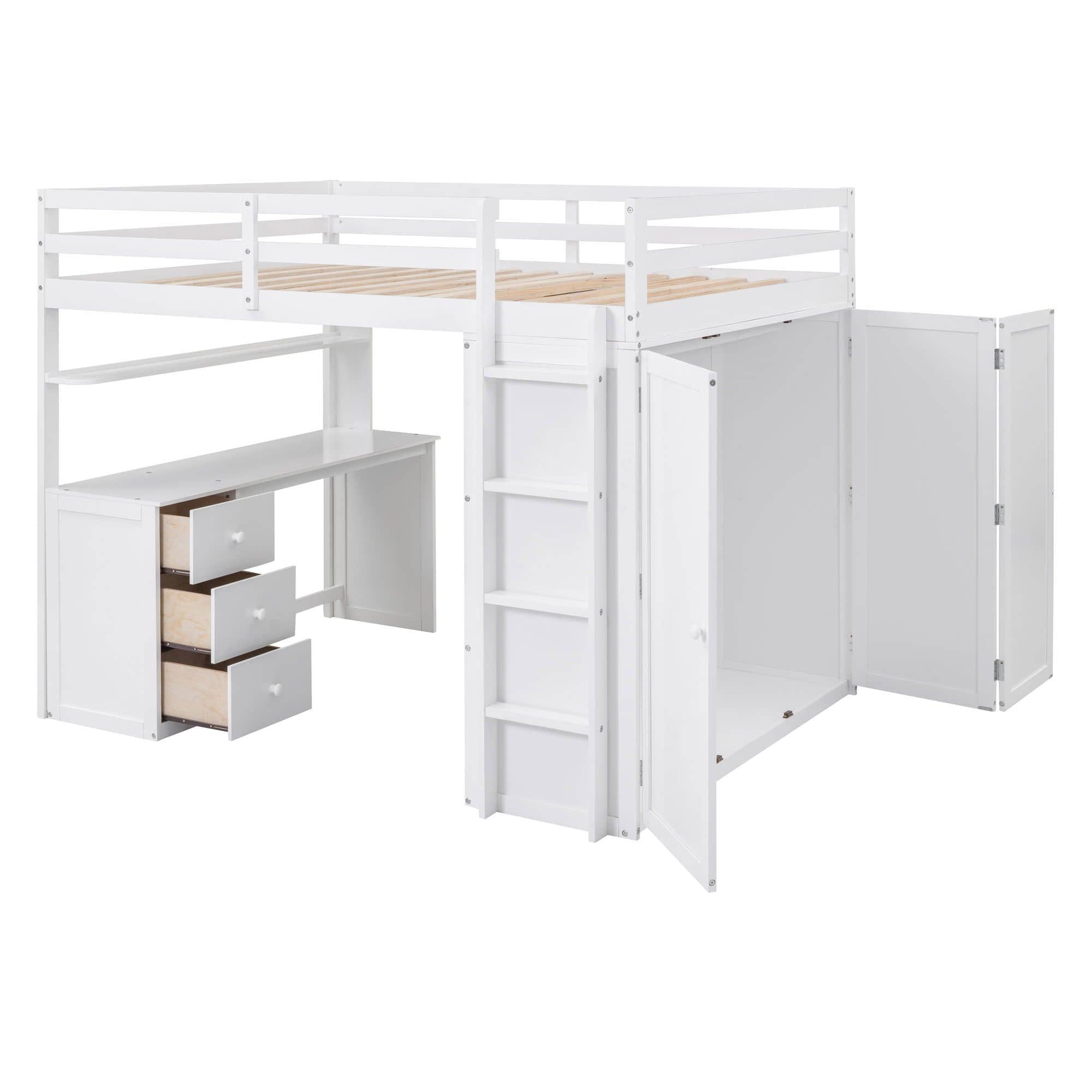 Full Size Loft Bed with Desk and Storage for Kids, Adults - [Wardrobe]