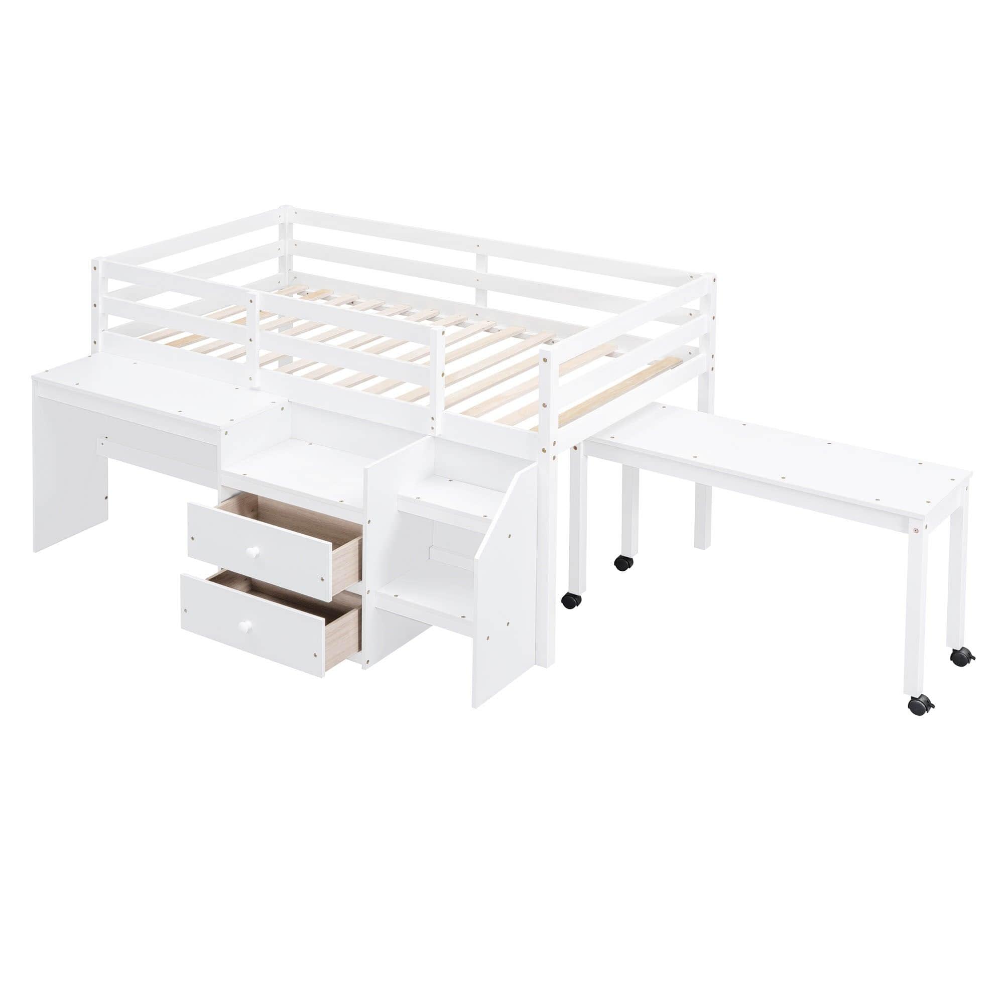 Twin Size Kids Low Loft Bed with Desk, Stairs and Storage Drawers