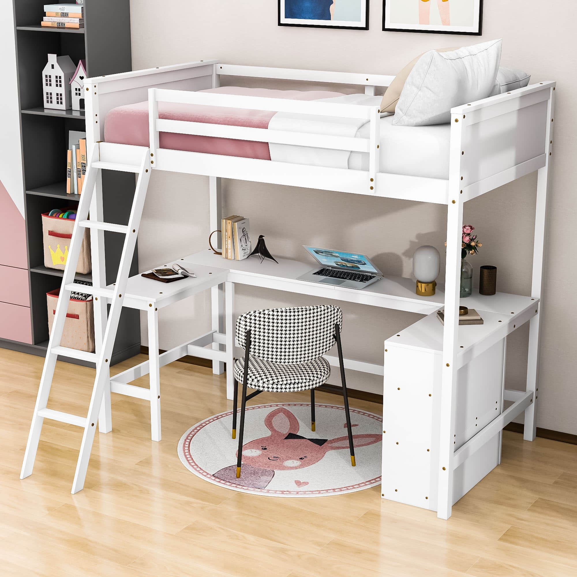 Wood Twin Size Loft Bed with Desk and Storage Shelves for Kids, Adult