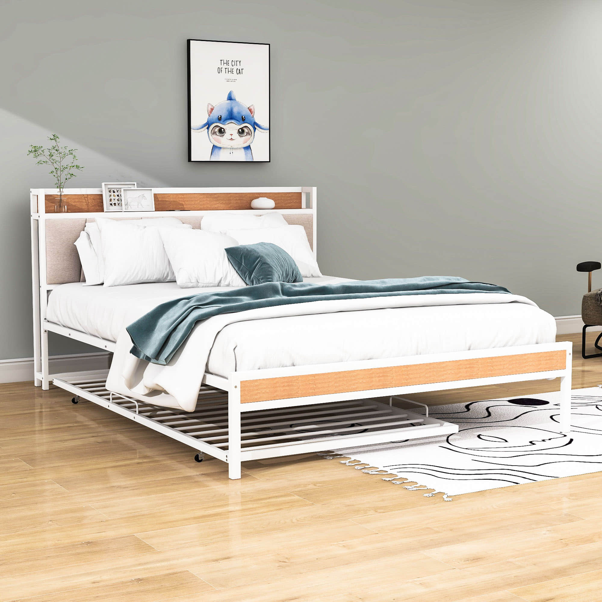 Smart Modern Queen Size Metal Platform Bed Frame with Twin Trundle