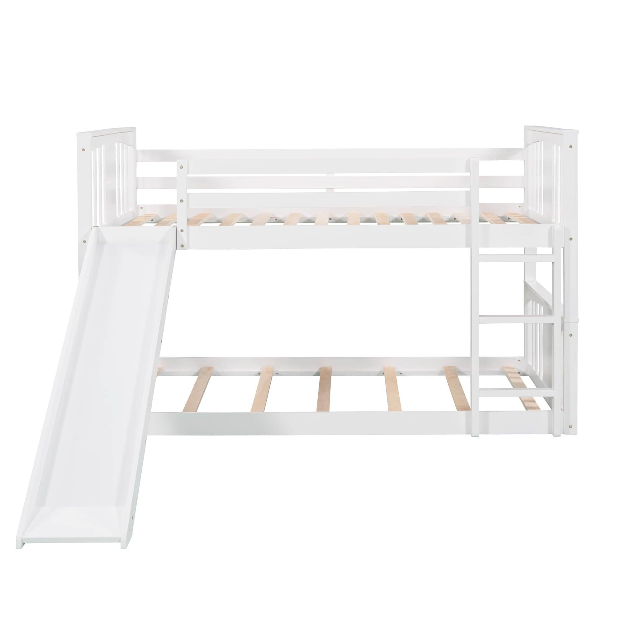 Montessori Twin Over Twin Fun Floor Bunk Bed with Slide - [Wood, Ladder, Low]