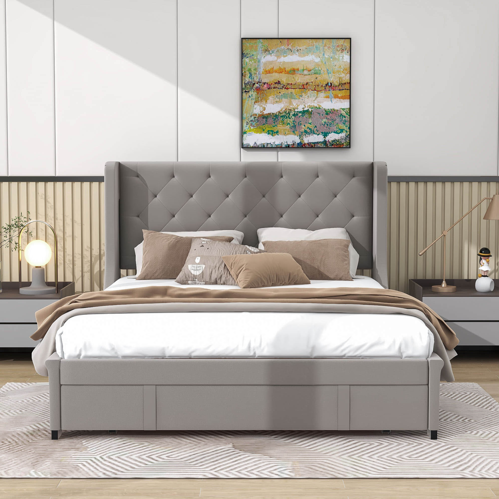 Queen Upholstered Bed Frame with Wingback Headboard and Storage