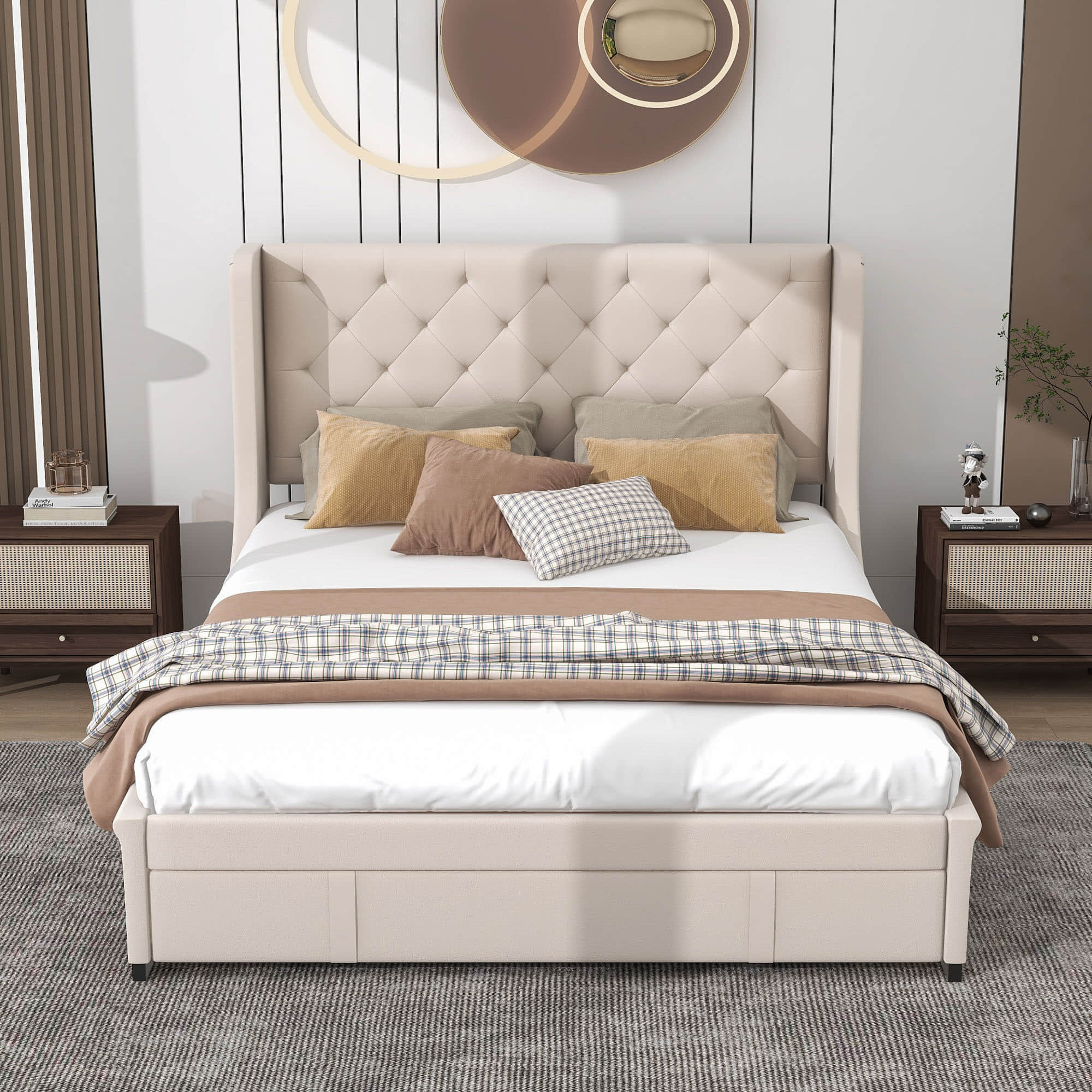 Queen Upholstered Bed Frame with Wingback Headboard and Storage